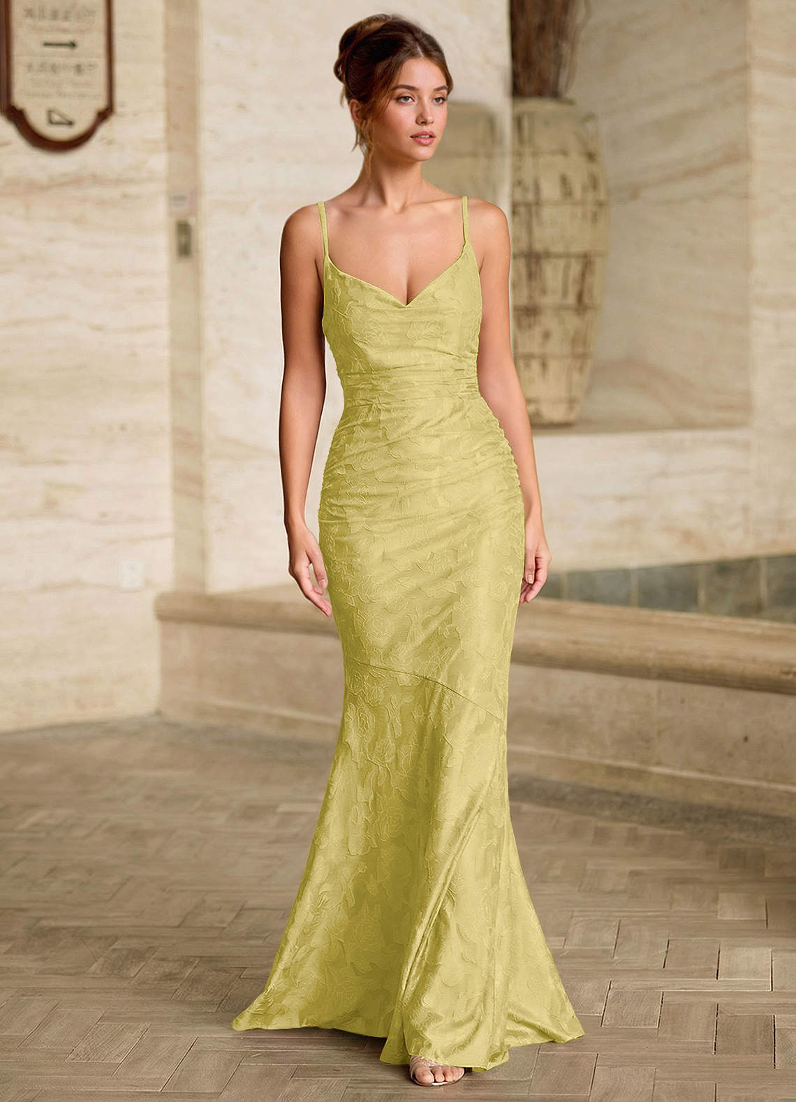 pastel yellow dress formal Light Pastel Yellow Sexy Spaghetti Straps V-neck Long Empire Prom Dres SposaBridal