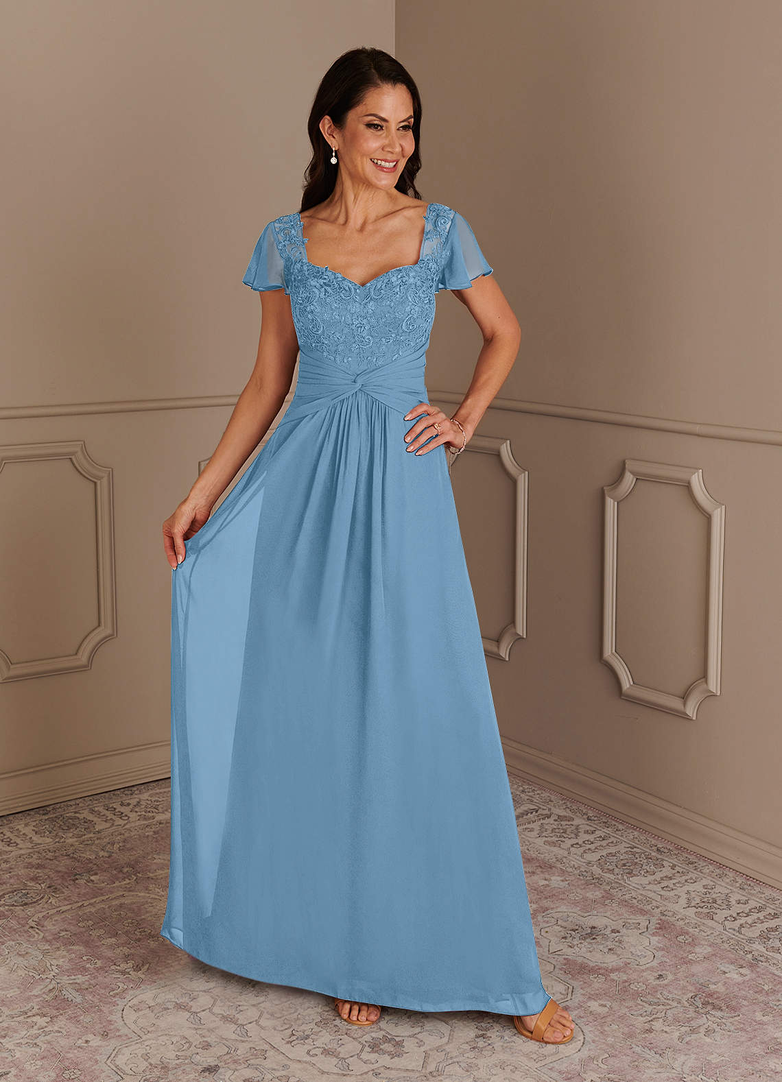 Azazie Gwenyth Mother of the Bride Dresses Steel Blue A-Line Lace Chiffon Dress image1