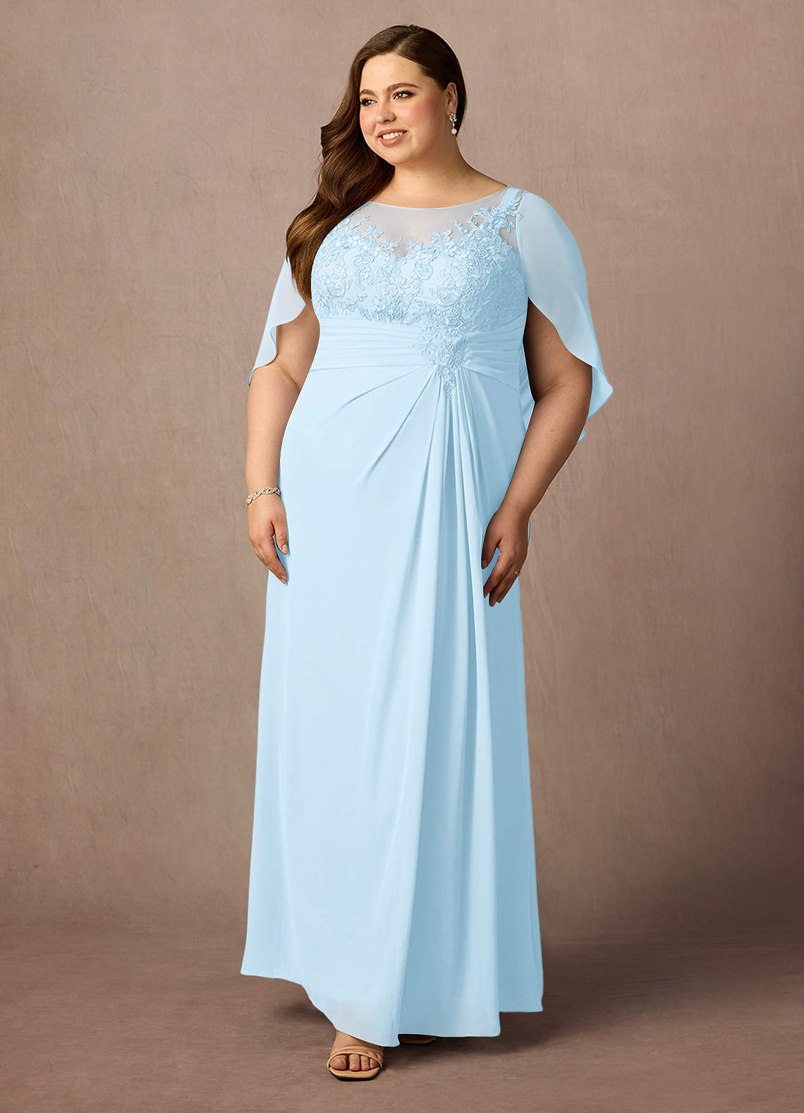 Azazie Hera Sky Blue A-Line Lace Capelet Chiffon Dress | Azazie