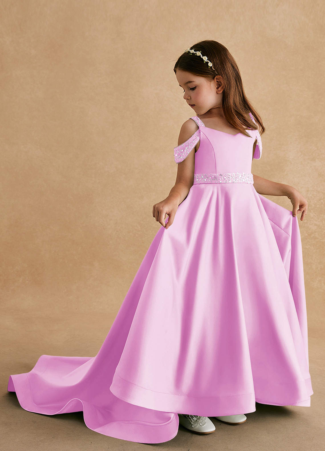 Azazie Jodi vestidos de niña de las flores Vestido de Rosa Caramelo de Satin Mate de Corte En A image1
