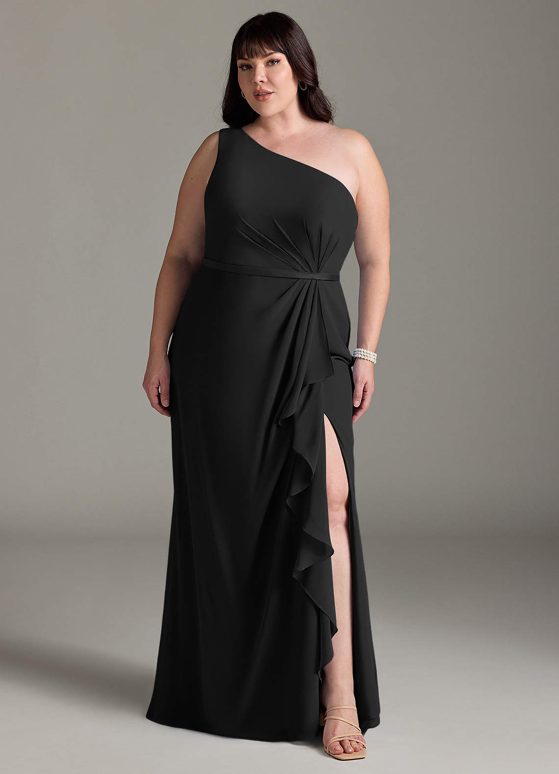 Azazie Liza Bridesmaid Dresses Black Mermaid One Shoulder Chiffon Dress image1