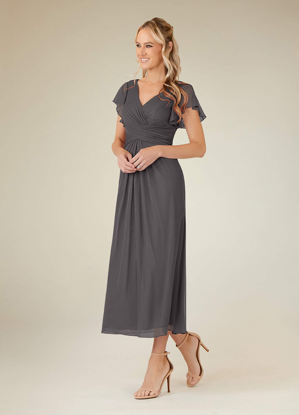 Azazie Vera Mother of the Bride Dresses Steel Grey A-Line V-Neck Pleated Mesh Dress image1