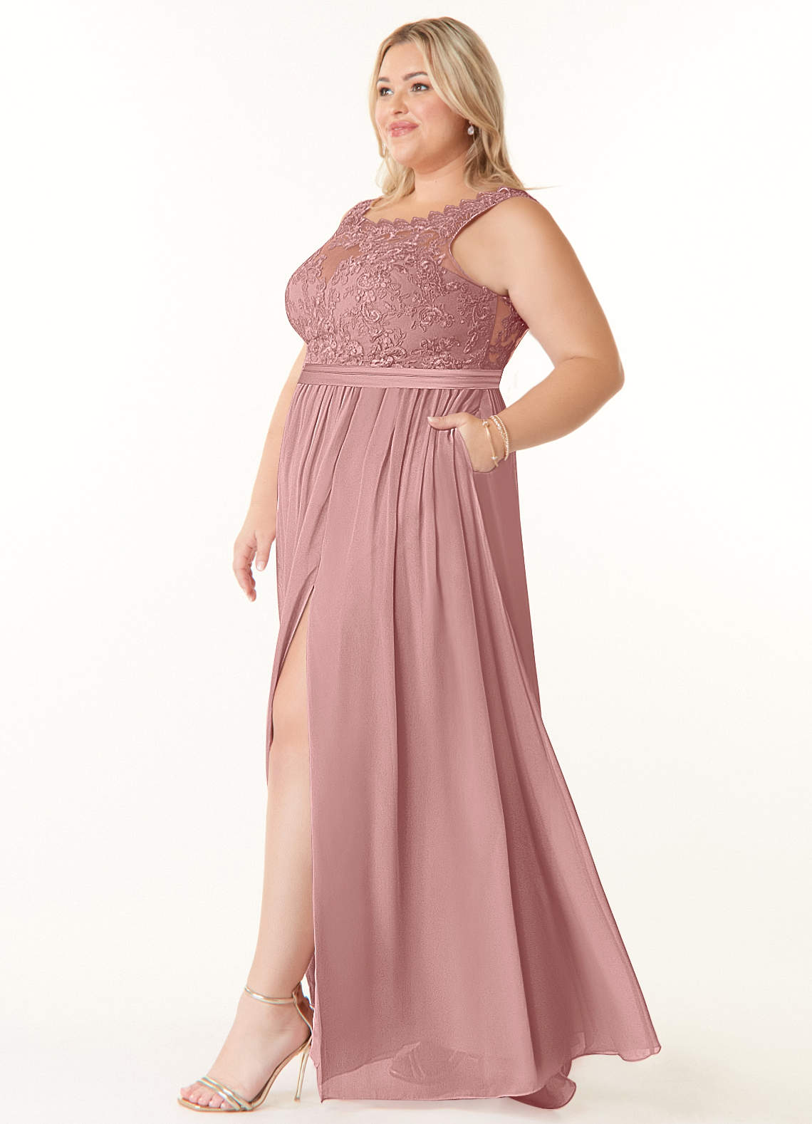 Azazie Elly Klänningar att prova hemma Klä av A-Linje i Chiffong Spets Scoop Neck Agave image8