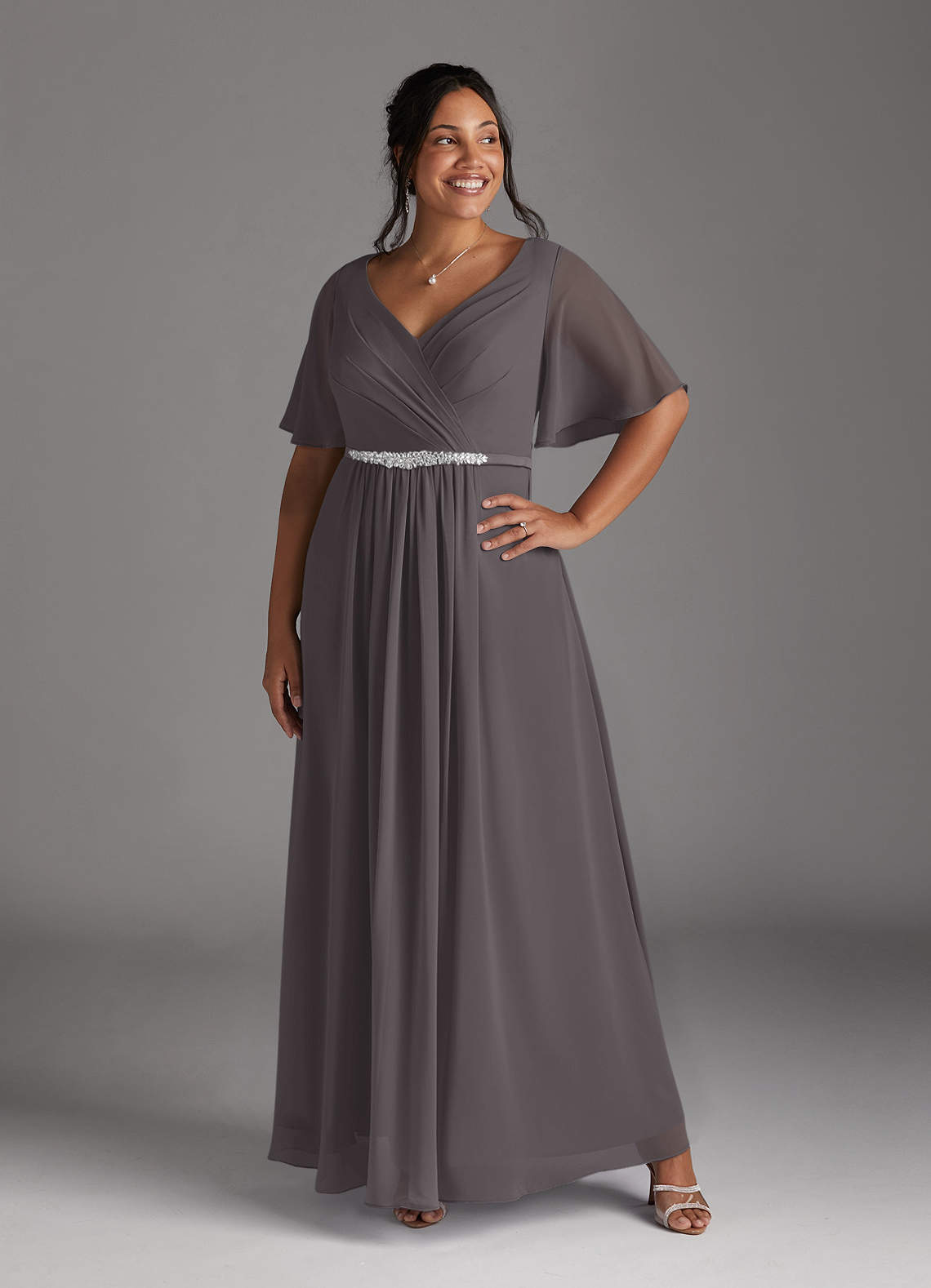 Azazie Tricia Steel Grey A-Line V-Neck Pleated Chiffon Dress Azazie