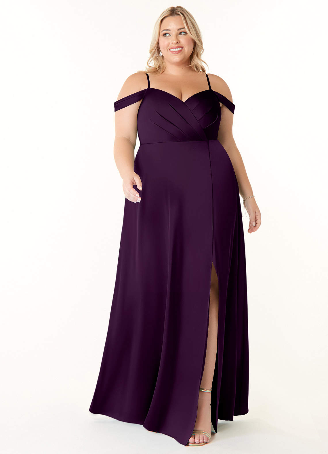 Azazie Ocean Bridesmaid Dresses Grape A-Line V-Neck Pleated Stretch Satin Dress image1