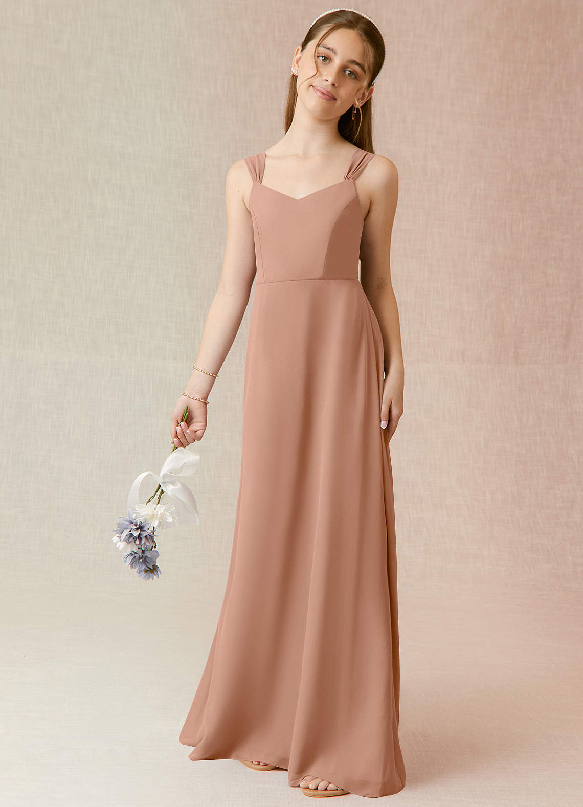 Azazie Denice Junior Champagne Rose A-Line Chiffon Dress image1
