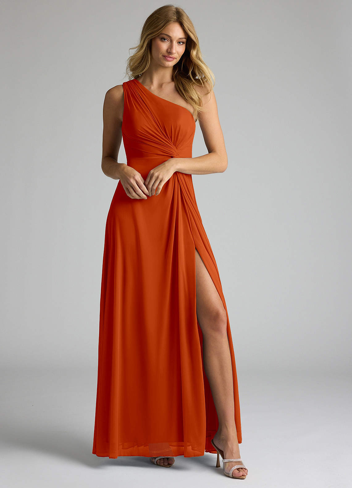 Azazie Brooke Bridesmaid Dresses Paprika A-Line One Shoulder Mesh Dress image1