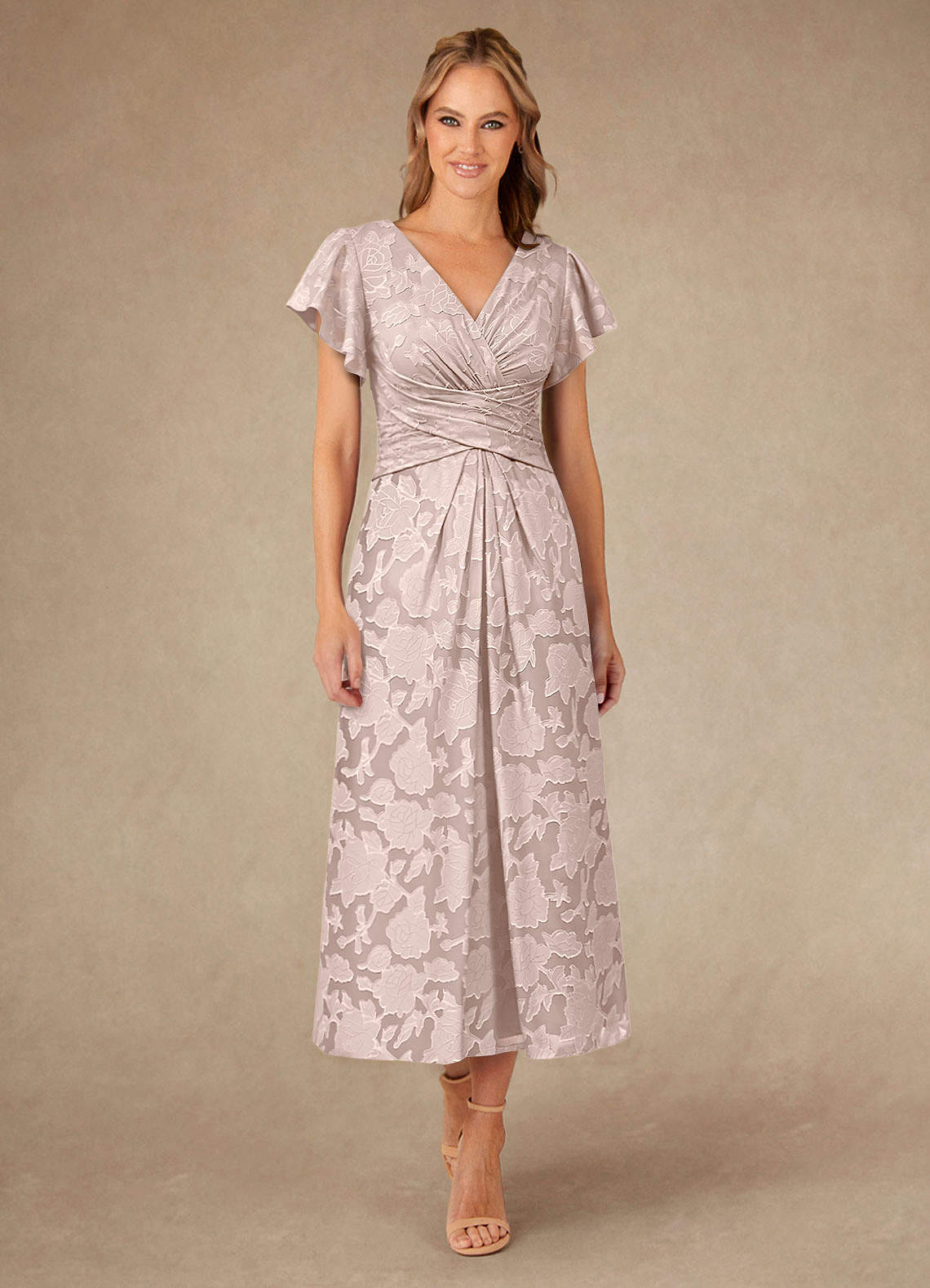 Azazie Vera Mother of the Bride Dresses Blushing Pink A-Line Pleated Floral Burnout Dress image1