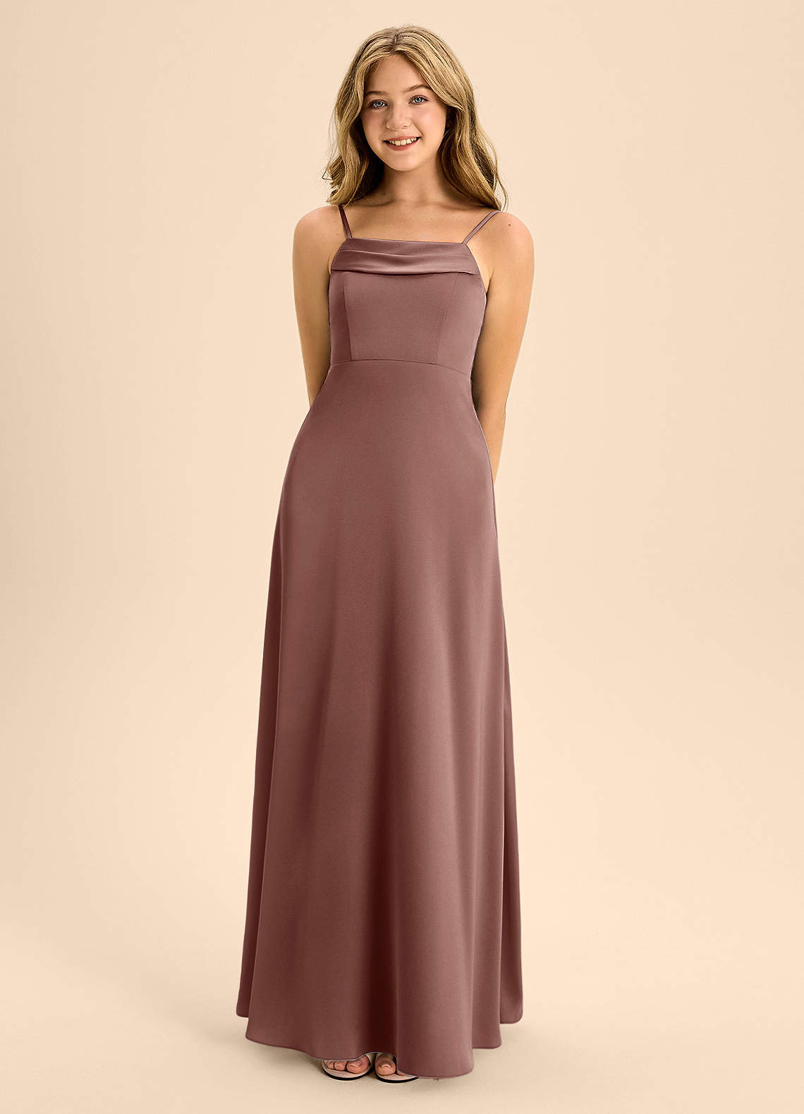 Azazie Anselie Junior Espresso A-Line Off the Shoulder Stretch Satin Dress image3