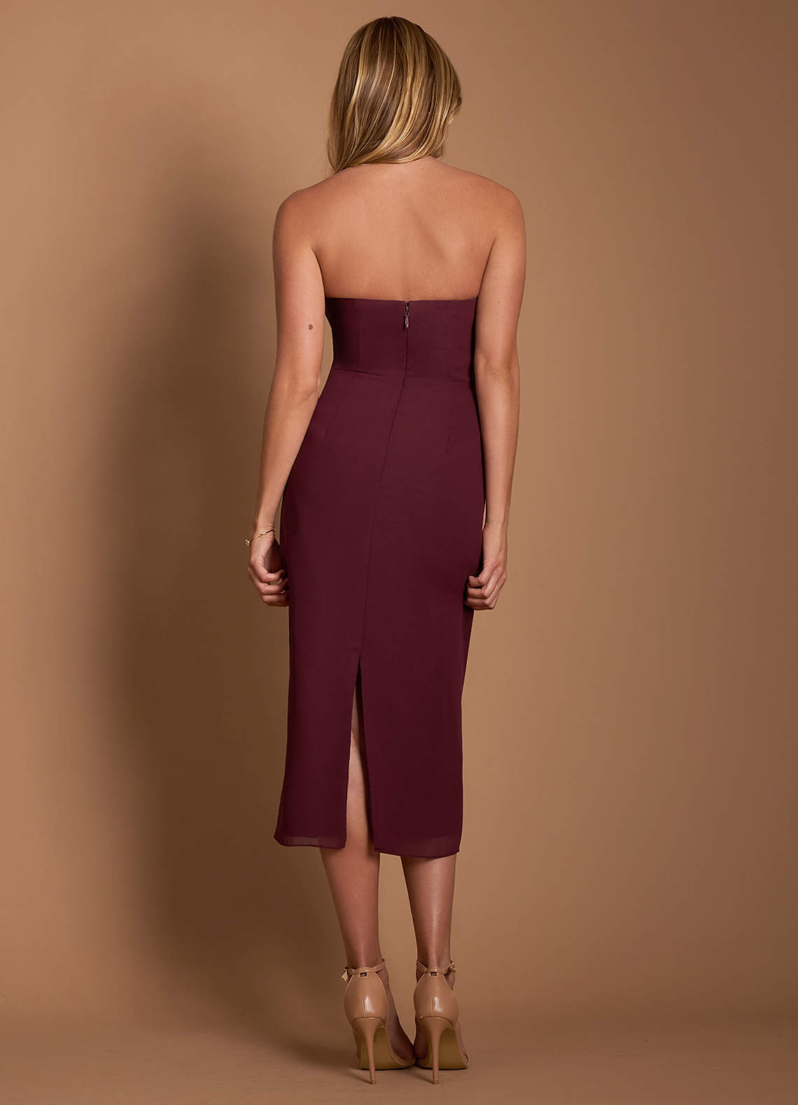 navy blue suit and burgundy dress Theresa Strapless Midi Dress in Burgundy