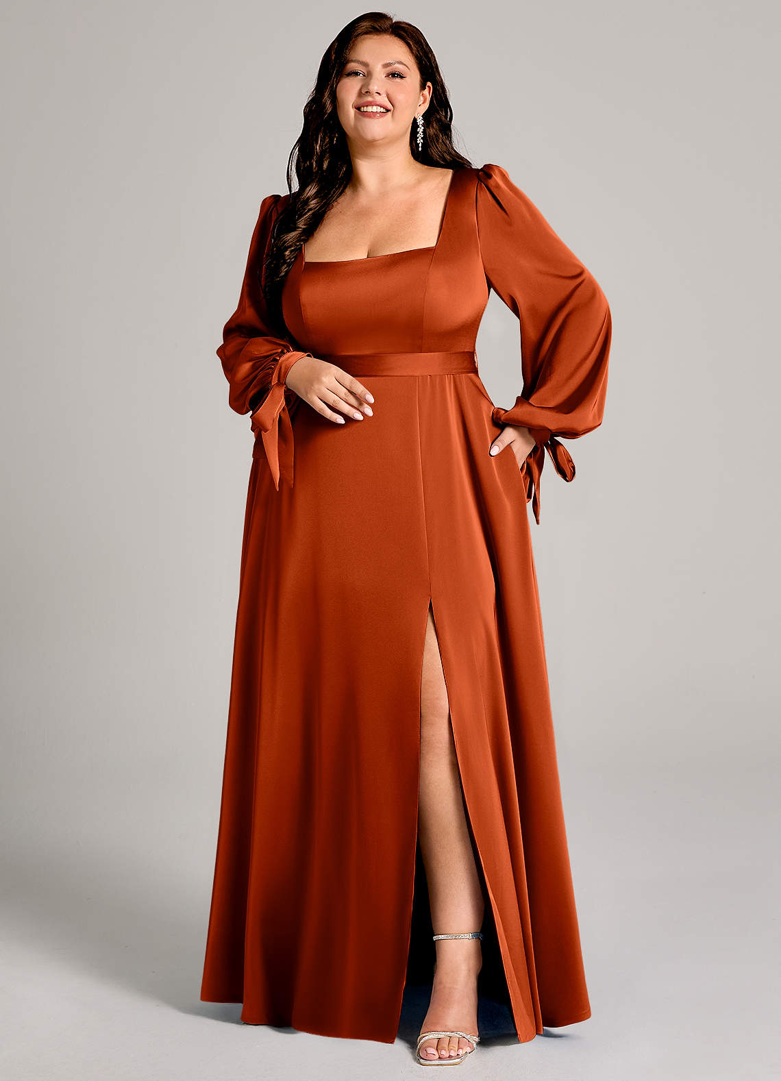 Azazie Leonia Bridesmaid Dresses Paprika A-Line Long Sleeve Stretch Satin Dress image7