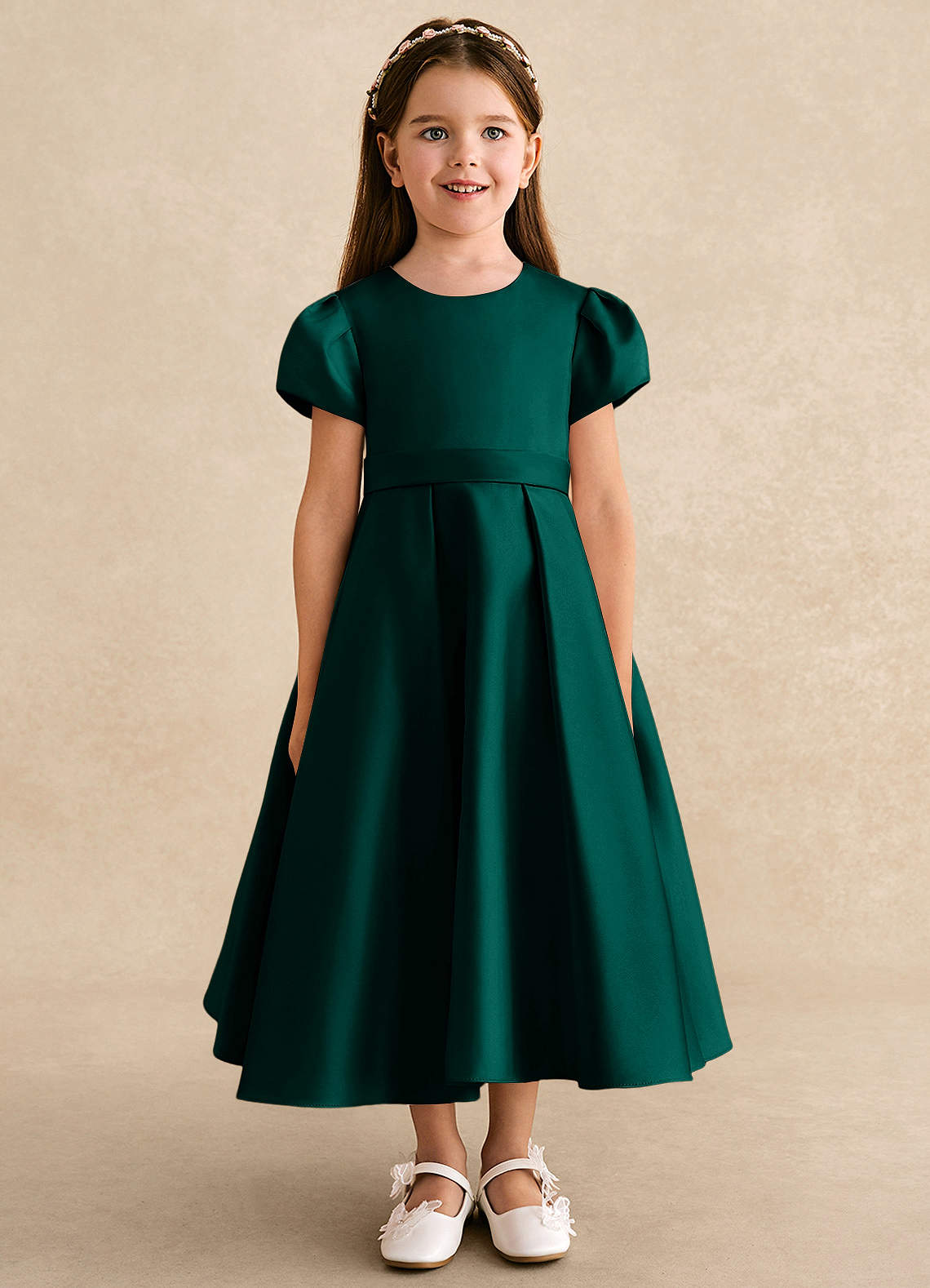 Azazie Princess Flower Girl Dresses Pine A-Line Pleated Matte Satin Dress image4