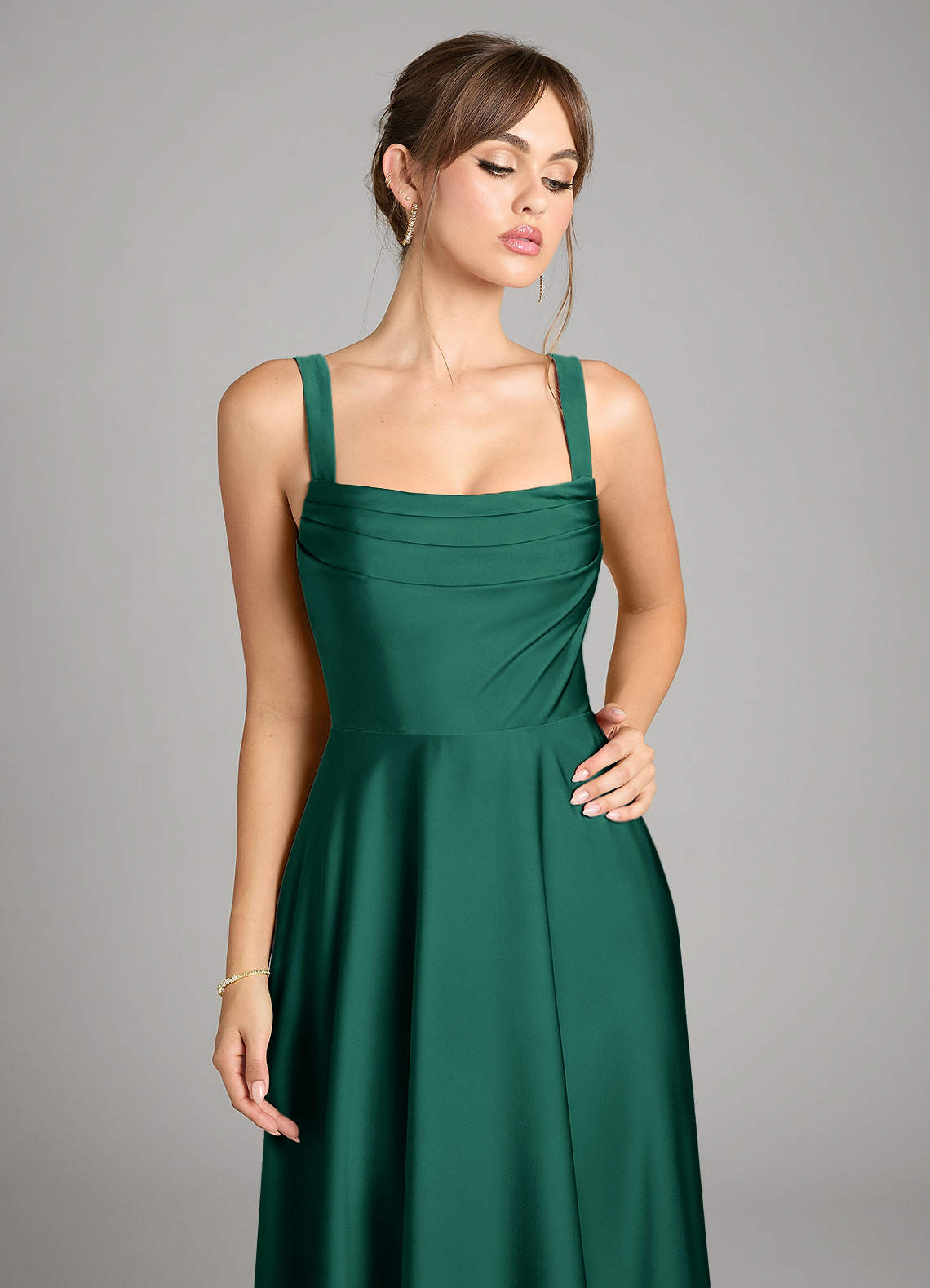 Azazie Shaude Bridesmaid Dresses Emerald A-Line Pleated Stretch Satin Dress image2