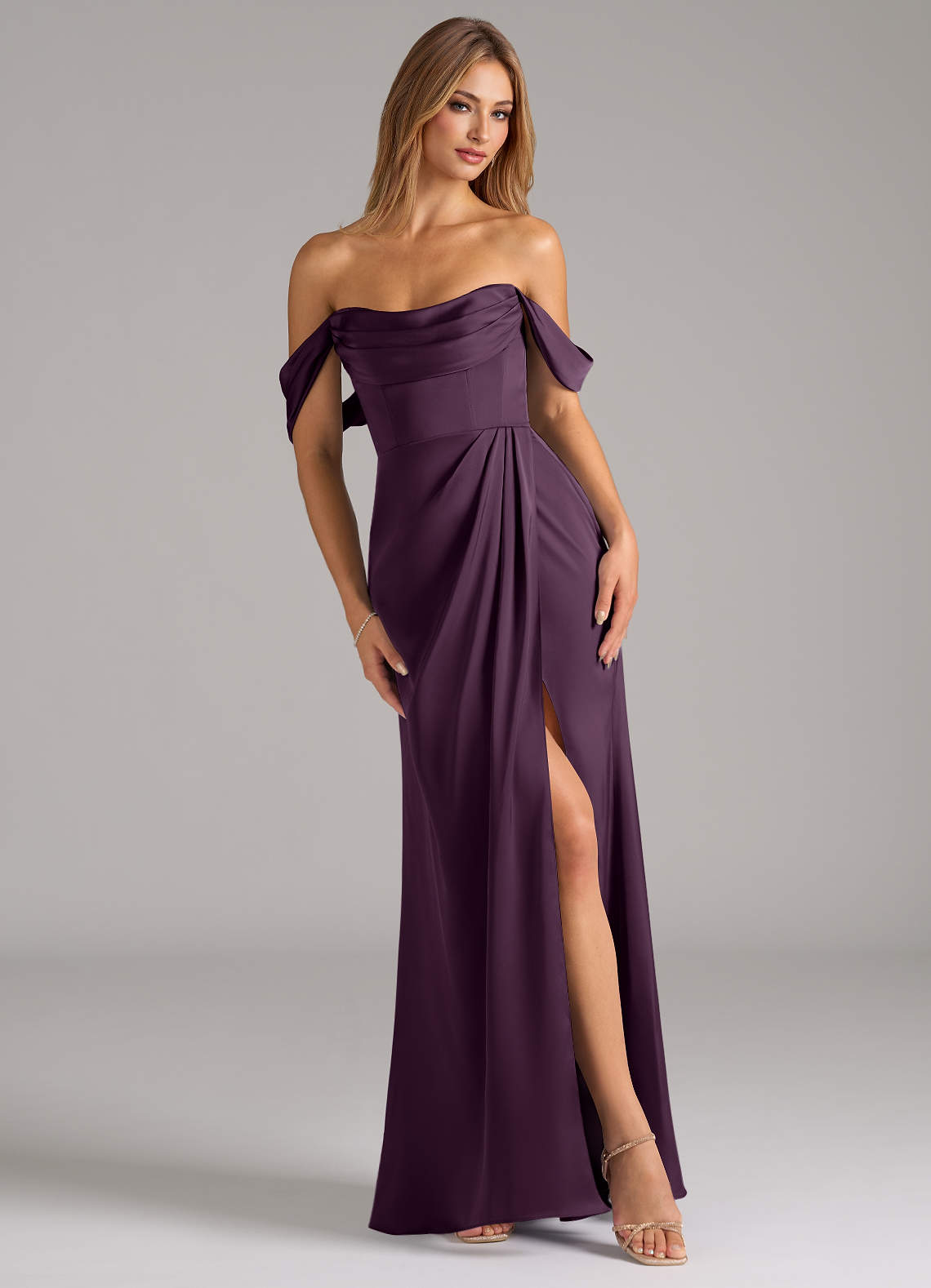 Azazie Johana Bridesmaid Dresses Plum Mermaid Off the Shoulder Stretch Satin Convertible Dress image1