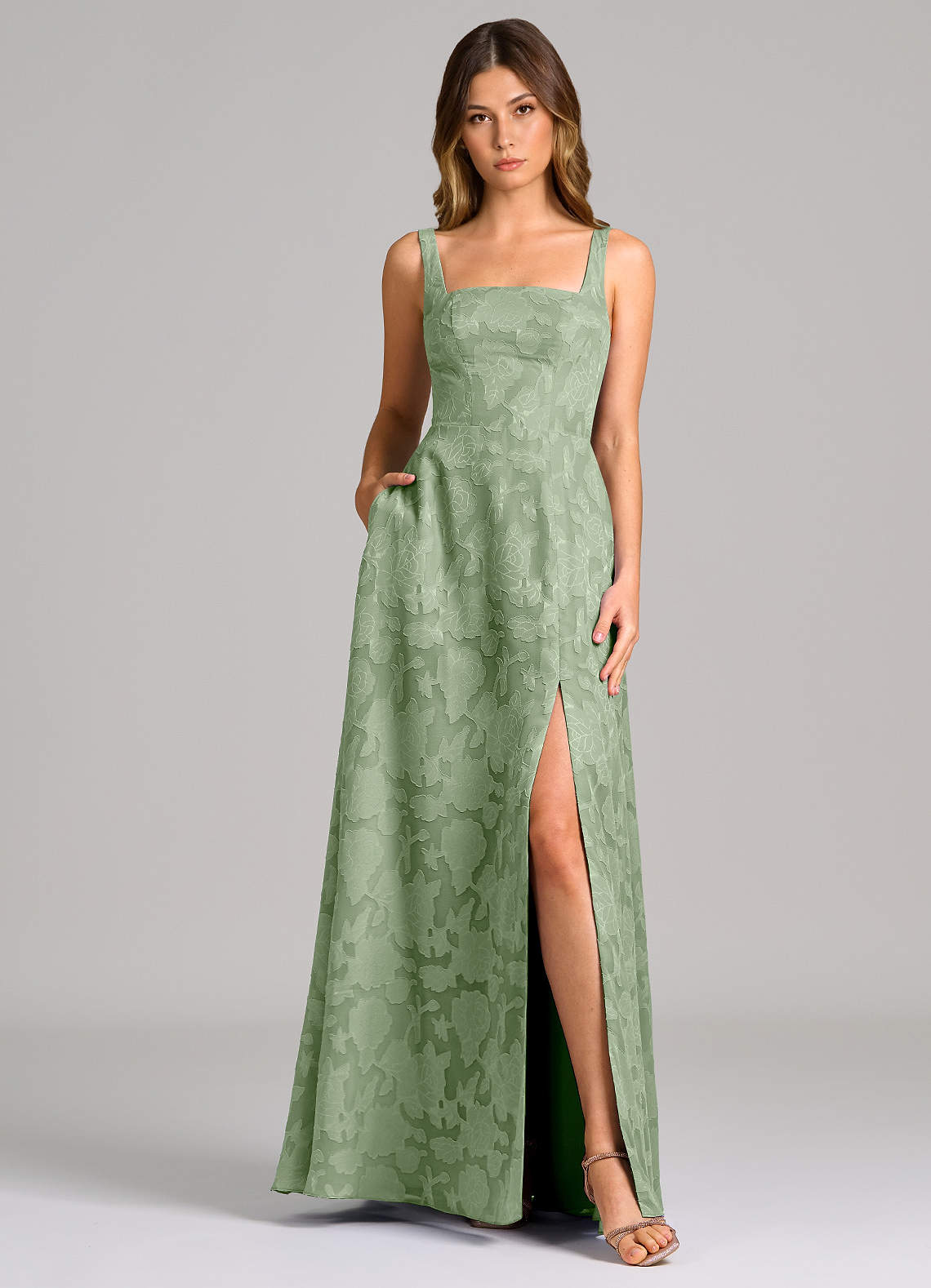 Azazie Debra Bridesmaid Dresses Dusty Sage A-Line with Pockets Floral Burnout Dress image4
