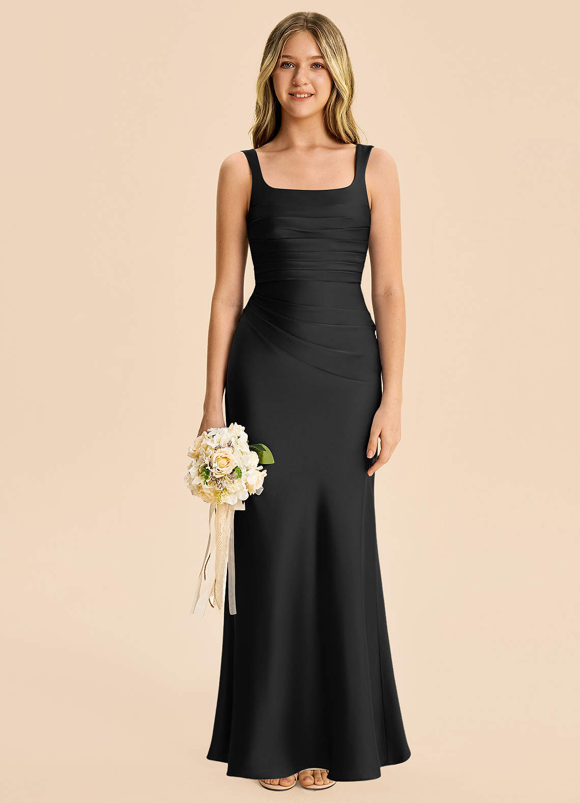 Azazie Agustina Junior Black Sheath Pleated Stretch Satin Dress image5