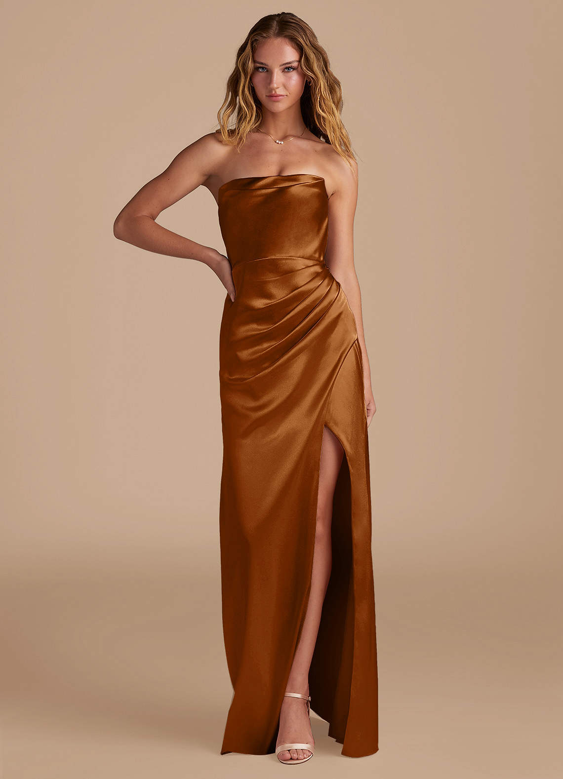 Azazie Leonis Bridesmaid Dresses Copper Mermaid Pleated Metallic Satin Convertible Dress image1