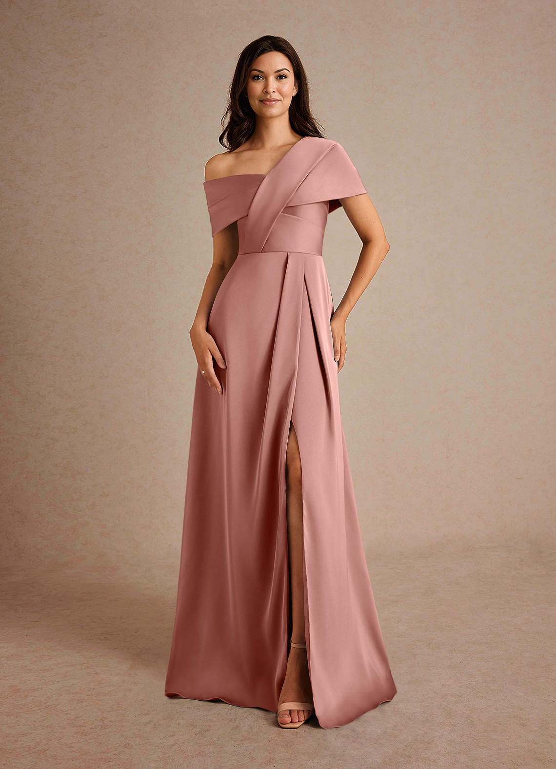 Azazie Milton Mother of the Bride Dresses Rosette A-Line Pleated Stretch Satin Dress image4