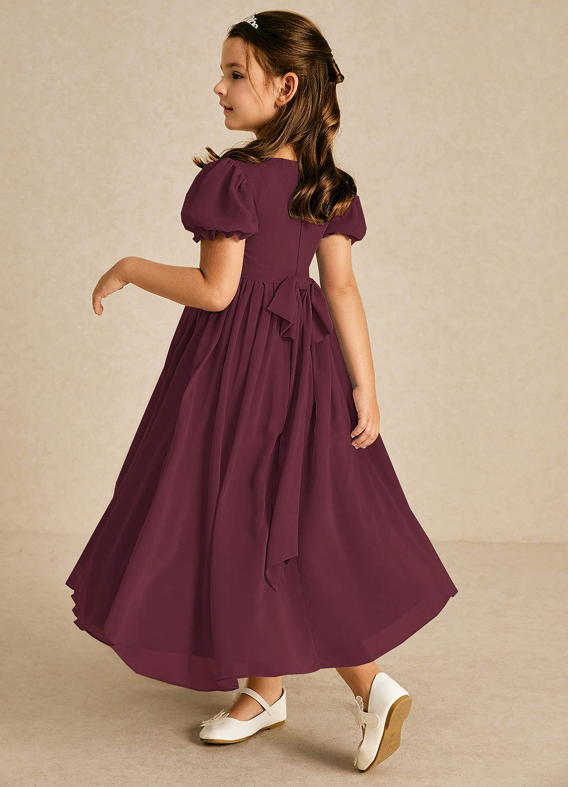 Azazie Joss Flower Girl Dresses Cabernet A-Line with Sleeves Chiffon Dress image1