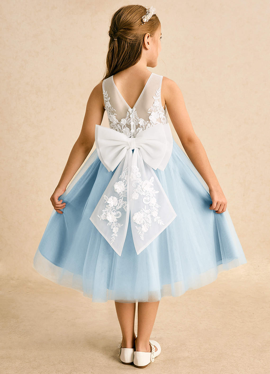 Azazie Lina vestidos de niña de las flores Vestido de Marfil Azul Cielo de Encaje de Princesa image1