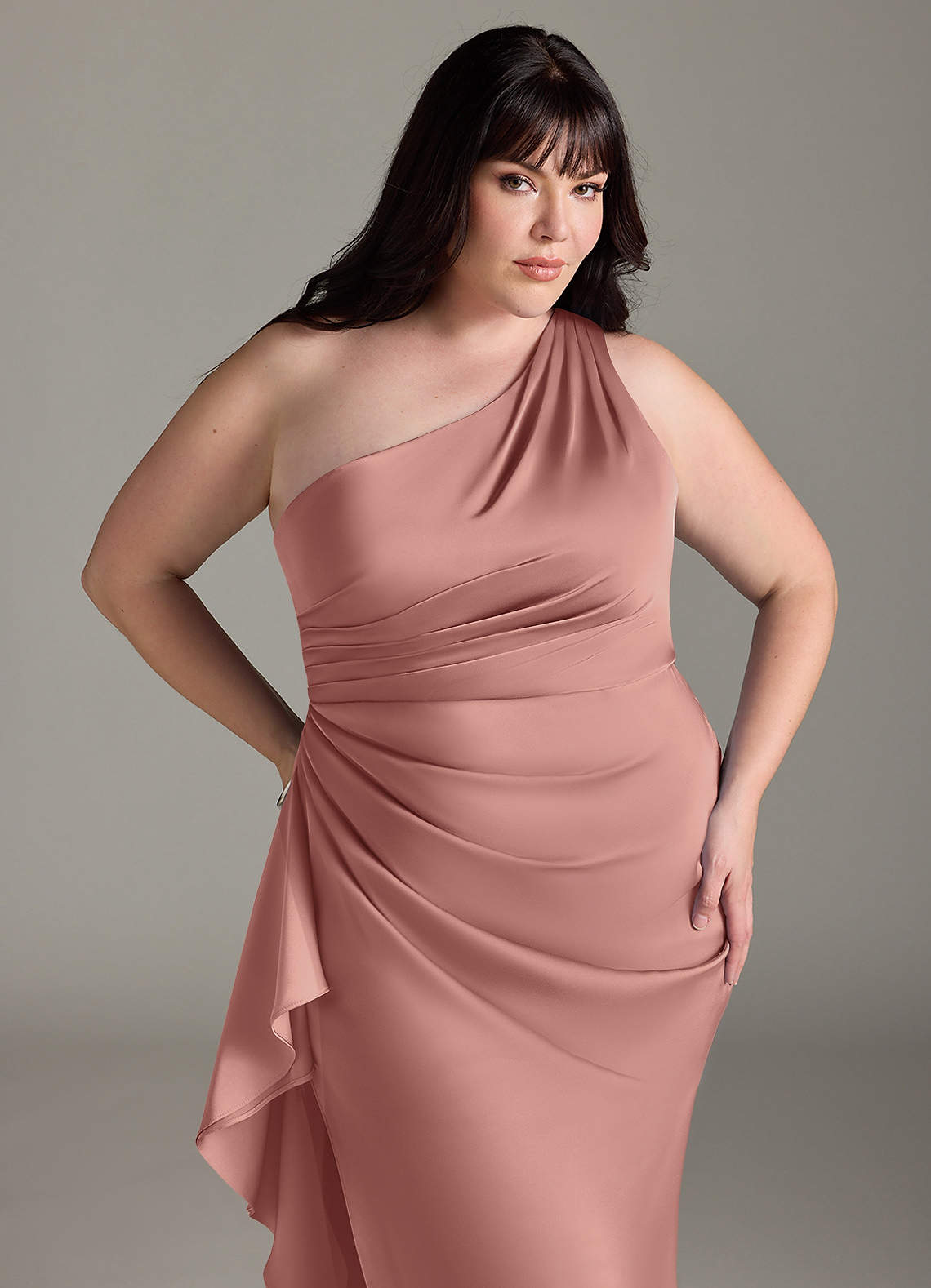 Azazie Latrice Bridesmaid Dresses Rosette Sheath One Shoulder Cascading Ruffles Stretch Satin Dress image11