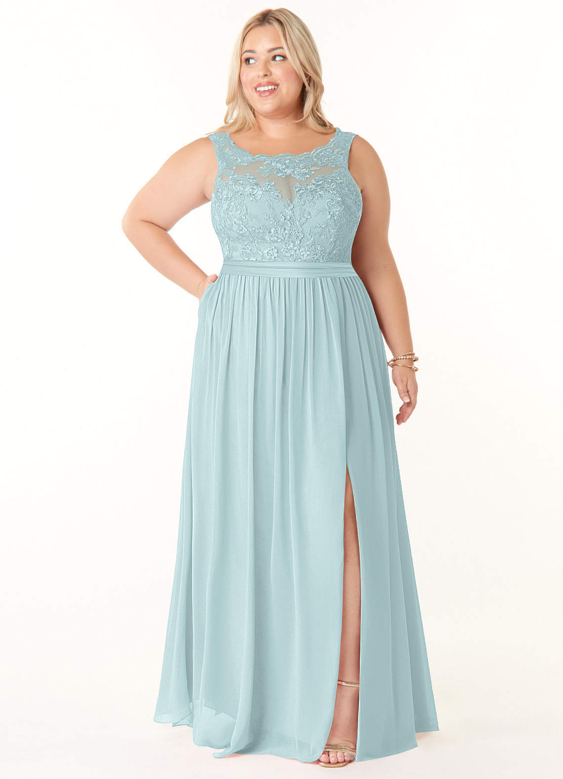 Azazie Elly Abiti da Damigella Abito A-Line in Chiffon Scollo a barchetta in pizzo Nebbia image1