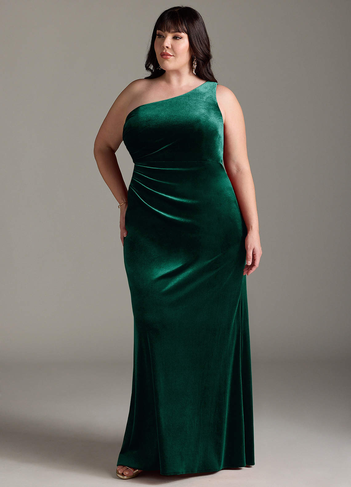 Azazie Argan Bridesmaid Dresses Emerald A-Line One Shoulder Pleated Velvet Dress image10