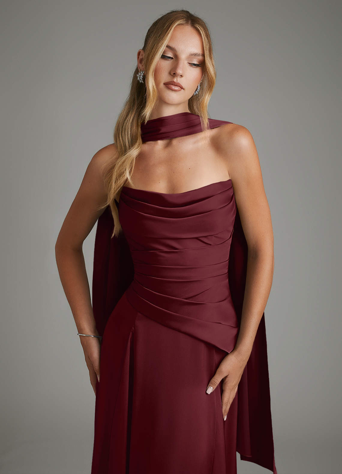 Azazie Gabriela Bridesmaid Dresses Cabernet A-Line Corset Stretch Satin Dress image4