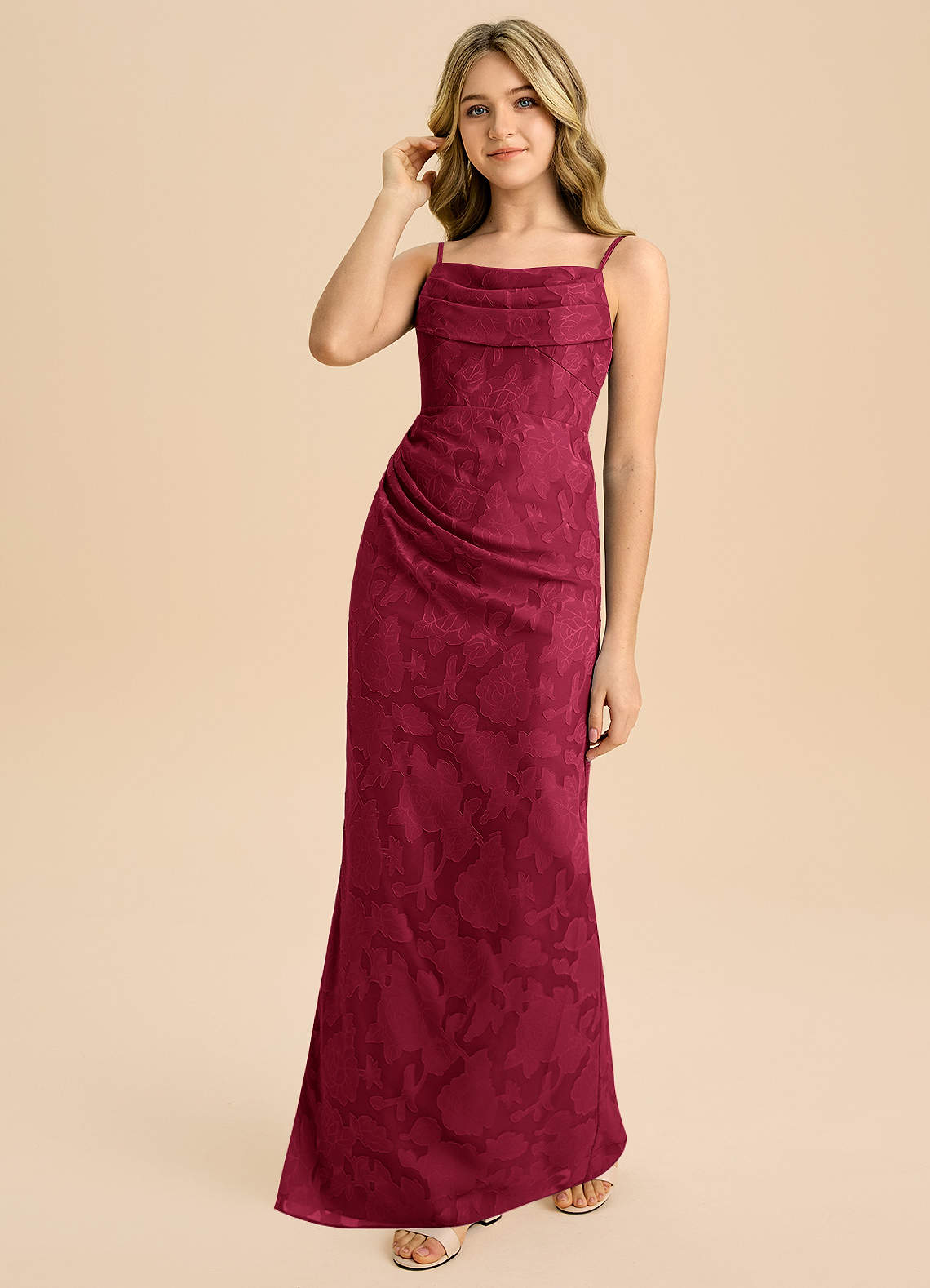 Azazie Mai Junior Osłona Pofałdowany Kwiatowe wypalenie Długość podłogi Młodsza druhna Sukienka image5