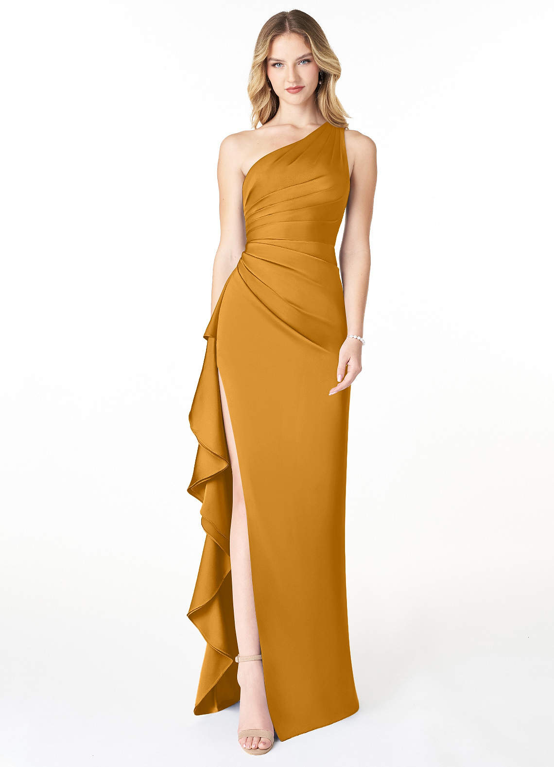 Azazie Latrice Bridesmaid Dresses Butterscotch Sheath One Shoulder Cascading Ruffles Stretch Satin Dress image1