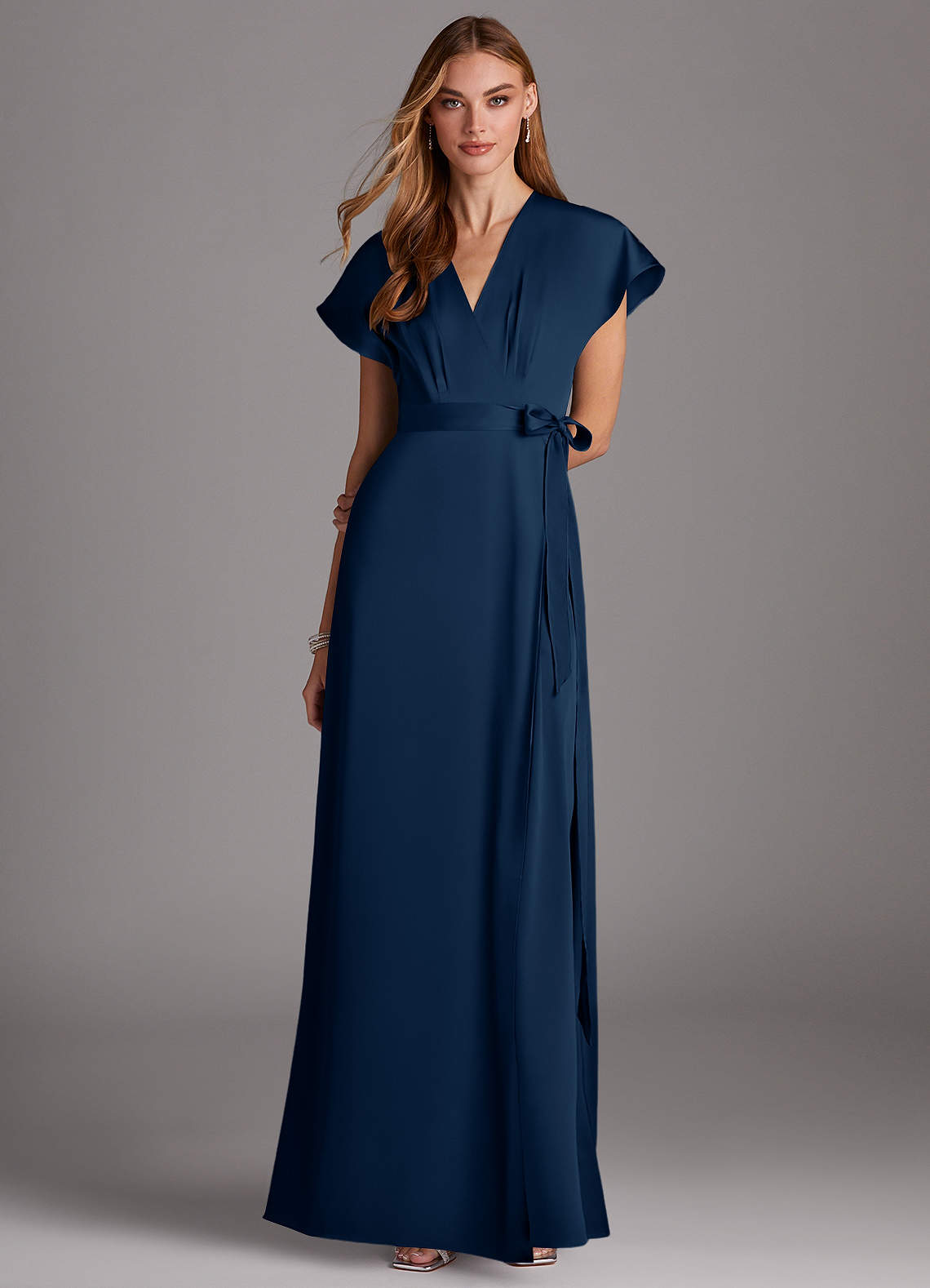 Azazie Nico Bridesmaid Dresses Dark Navy A-Line V-Neck Stretch Satin Dress image1