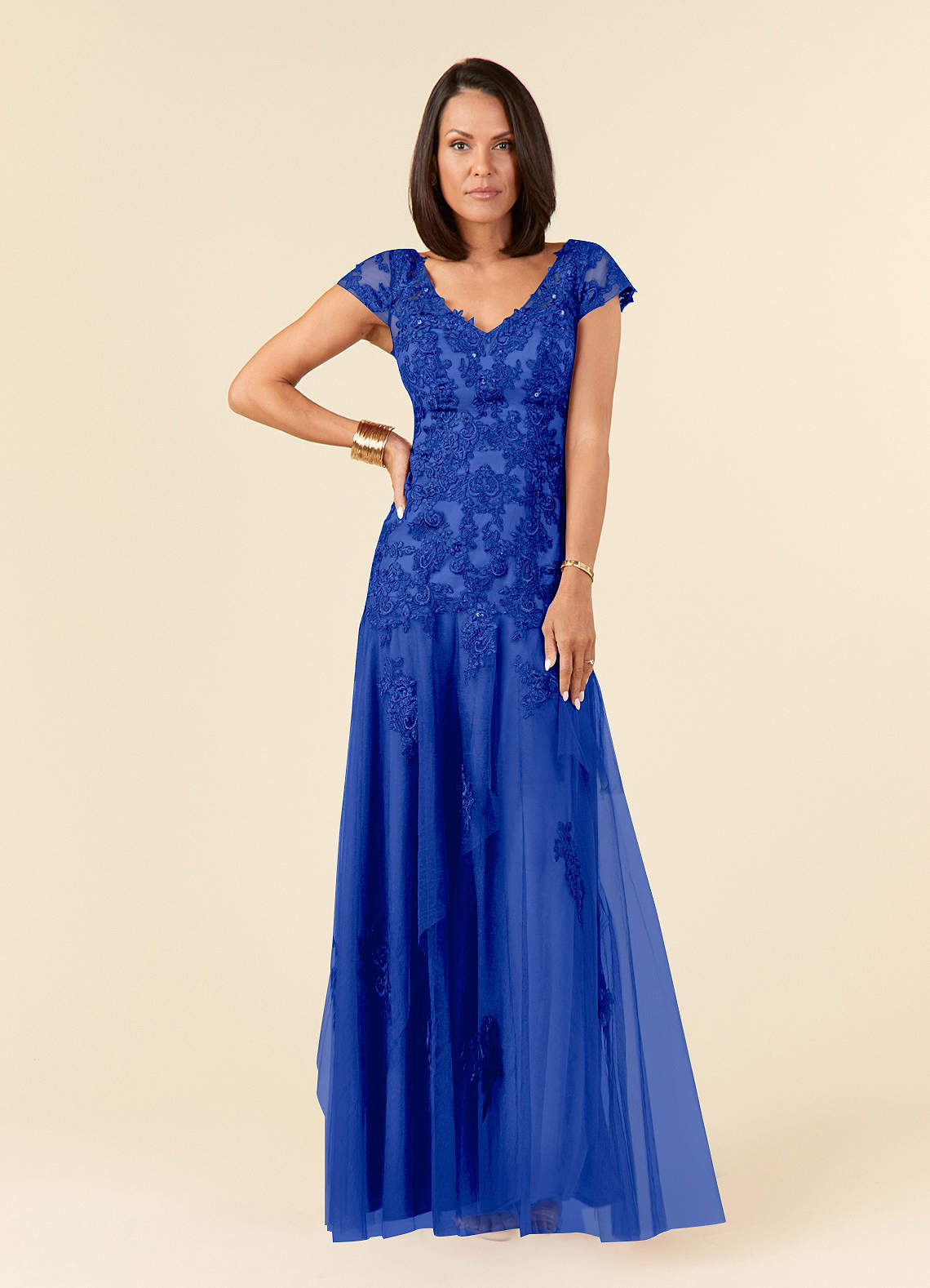 Azazie Romy Royal Blue Mermaid V-Neck Sequins Tulle Dress | Azazie