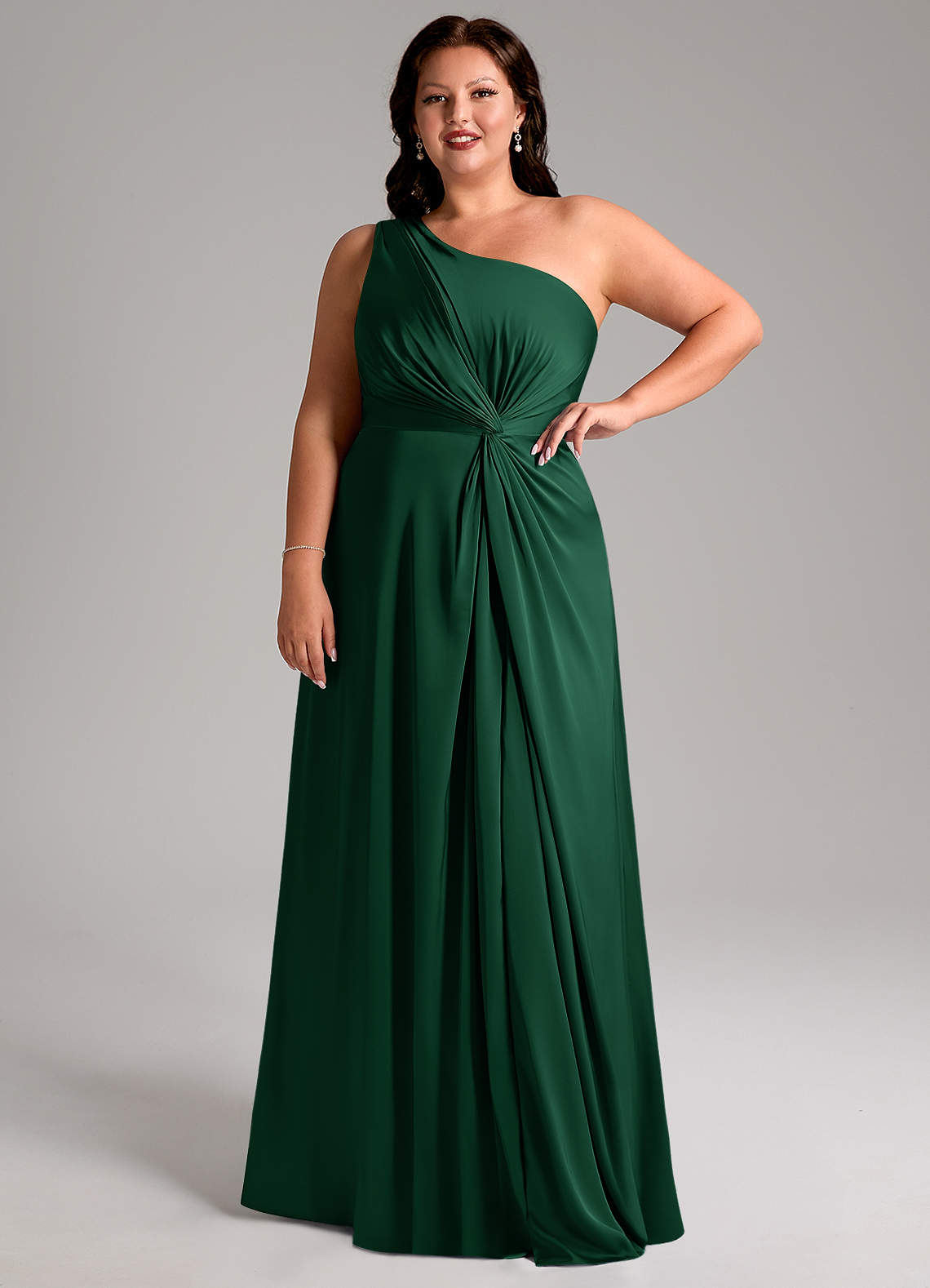 Azazie Brooke Vestidos de damas de honor Vestido de Verde Oscuro de Satén Elástico de Corte en A con Hombro unilateral image11