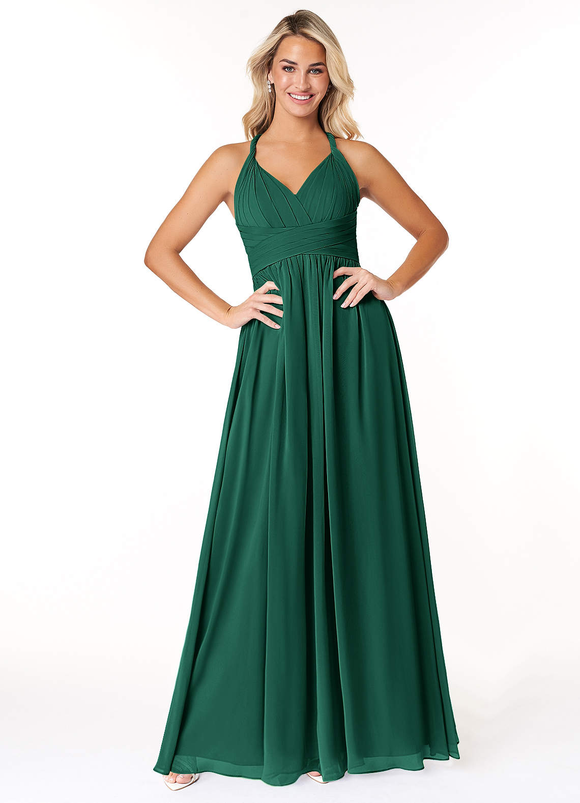 Azazie Ashia Bridesmaid Dresses Emerald A-Line Pleated Chiffon Dress image1