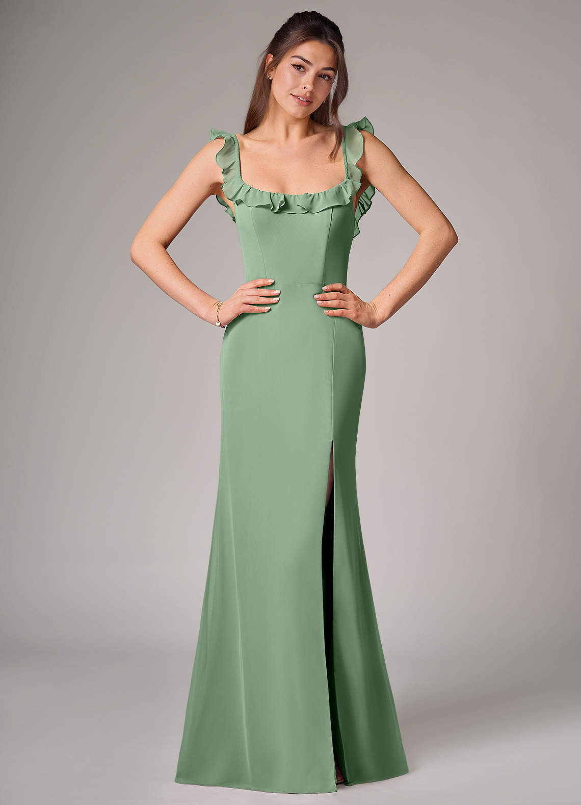 Azazie Callie Robes de demoiselle d'honneur Robe Sirène Convertible en Mousseline de soie Fente Latérale Matcha image1