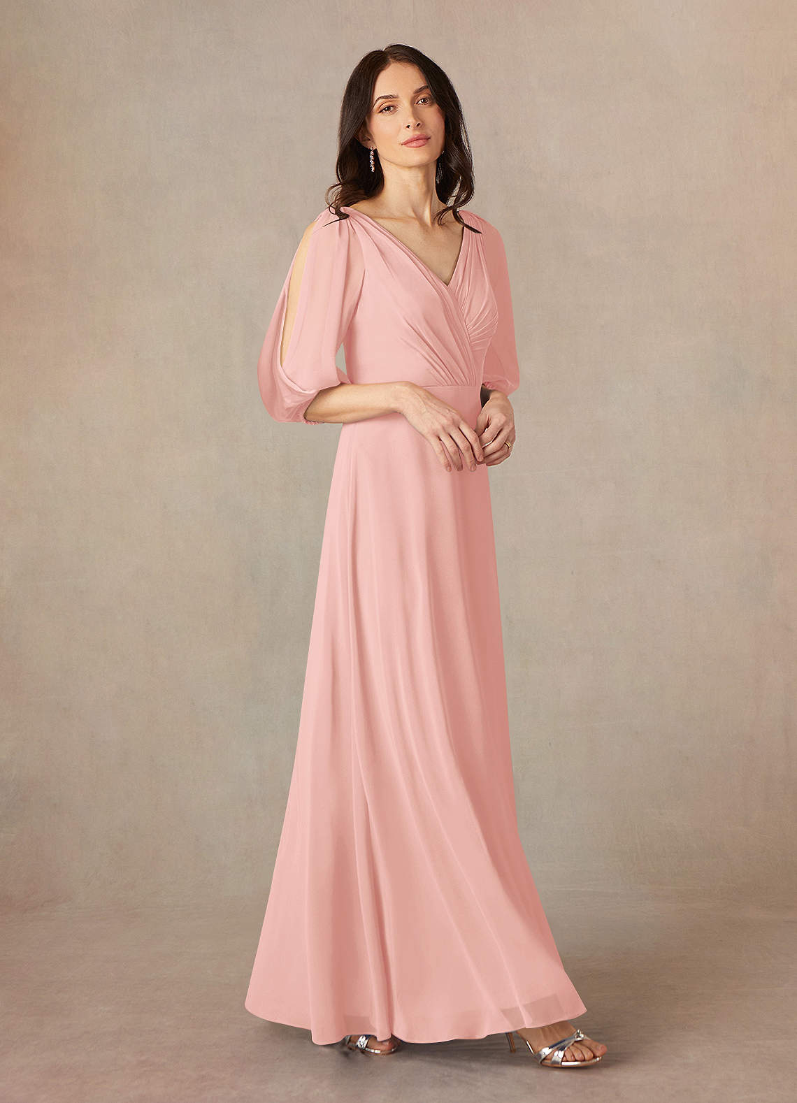 Azazie Bronwyn Kleider für die Brautmutter A-Linie V-Hals Gerüscht Chiffon Kleid Rosettenrosa image1