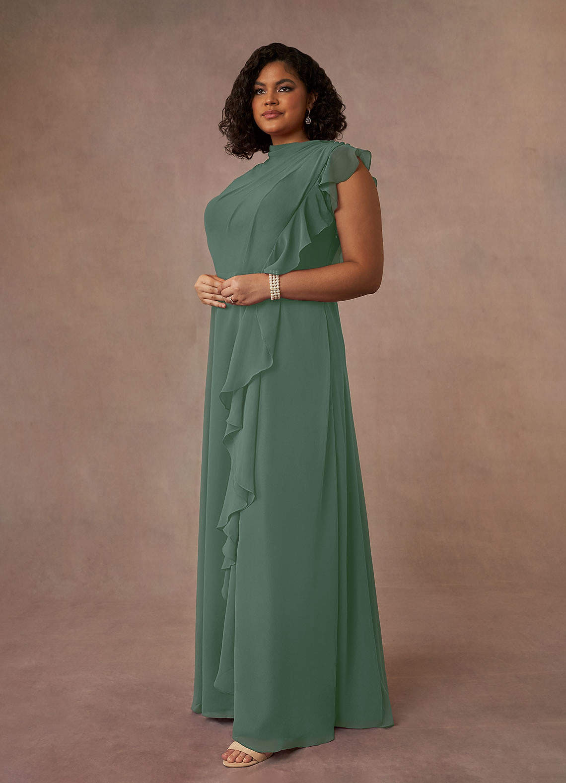 Azazie Narine Mother of the Bride Dresses Eucalyptus A-Line High Neckline Pleated Chiffon Dress image13