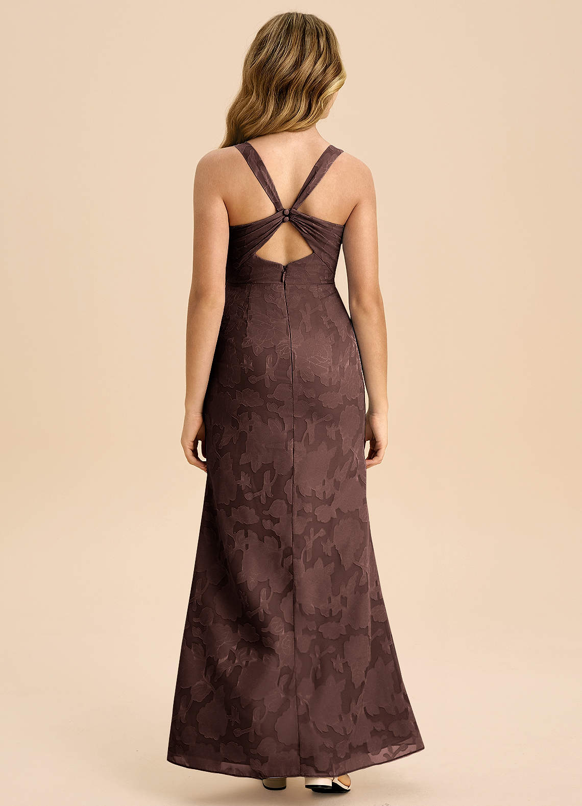 Azazie Mero Junior Ganache Sheath Pleated Floral Burnout Dress image7