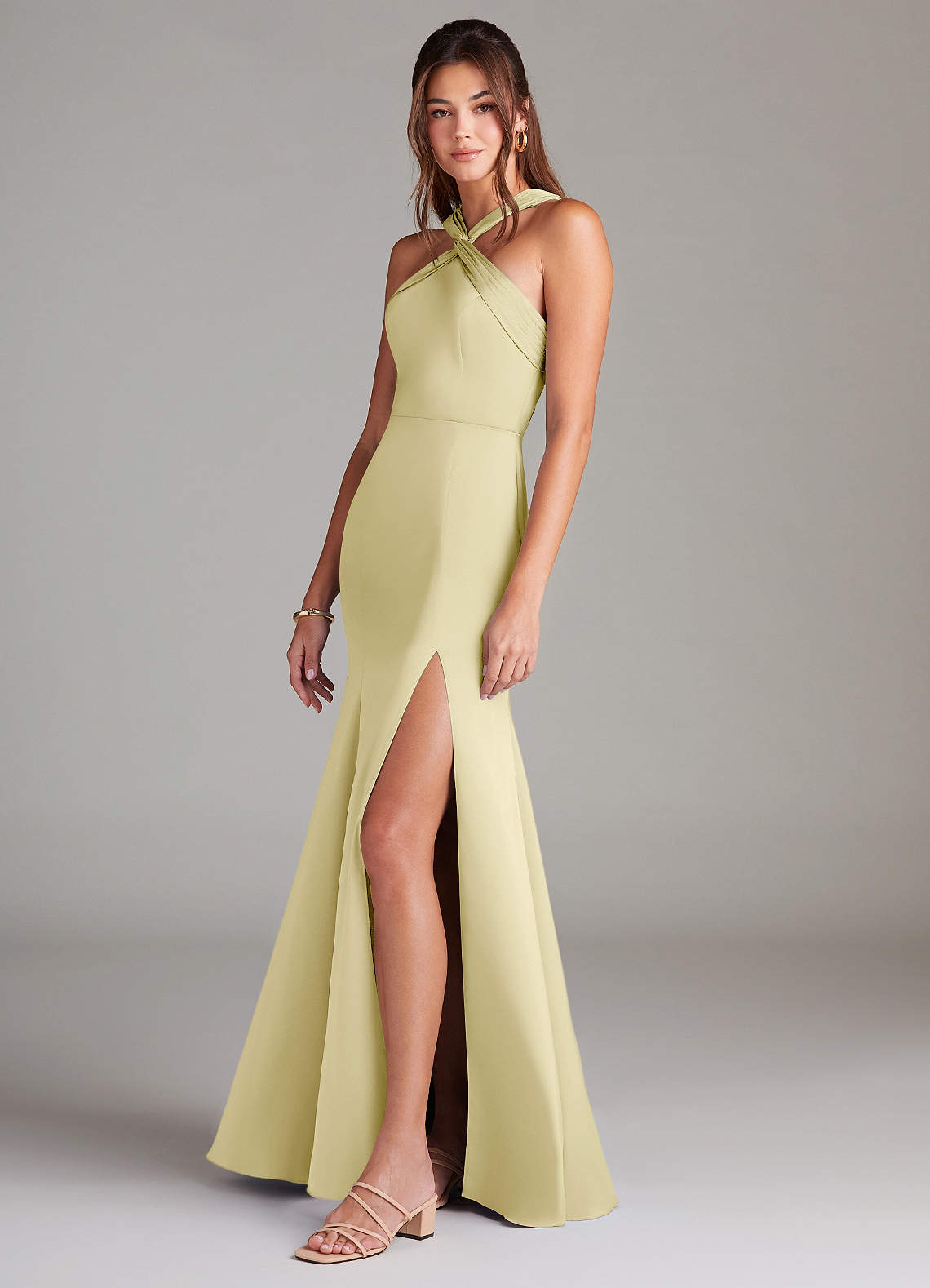 Azazie Rue Bridesmaid Dresses Lemon Sorbet Mermaid Pleated Stretch Satin Dress image4