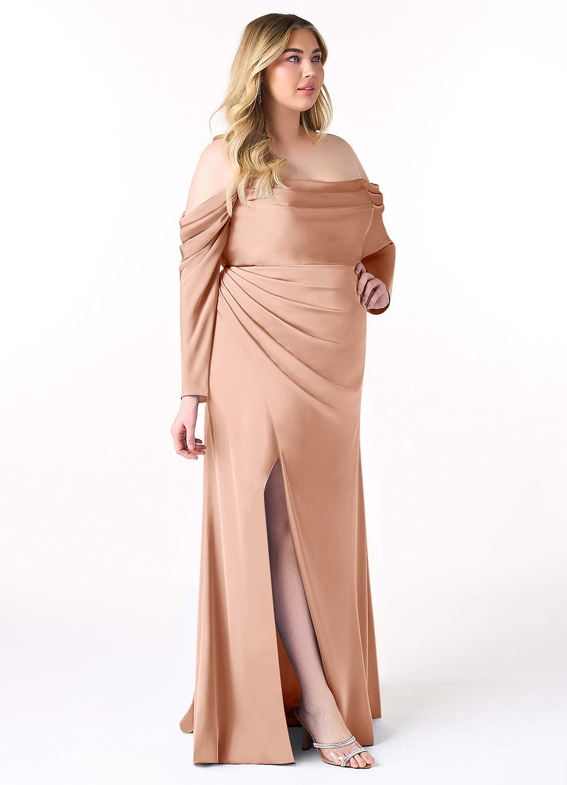 green emerald velvet dress Plus Size Womens Satin Formal Dress Long Sleeves Sparkle Prom Gown Champagne / 3XL main image 1