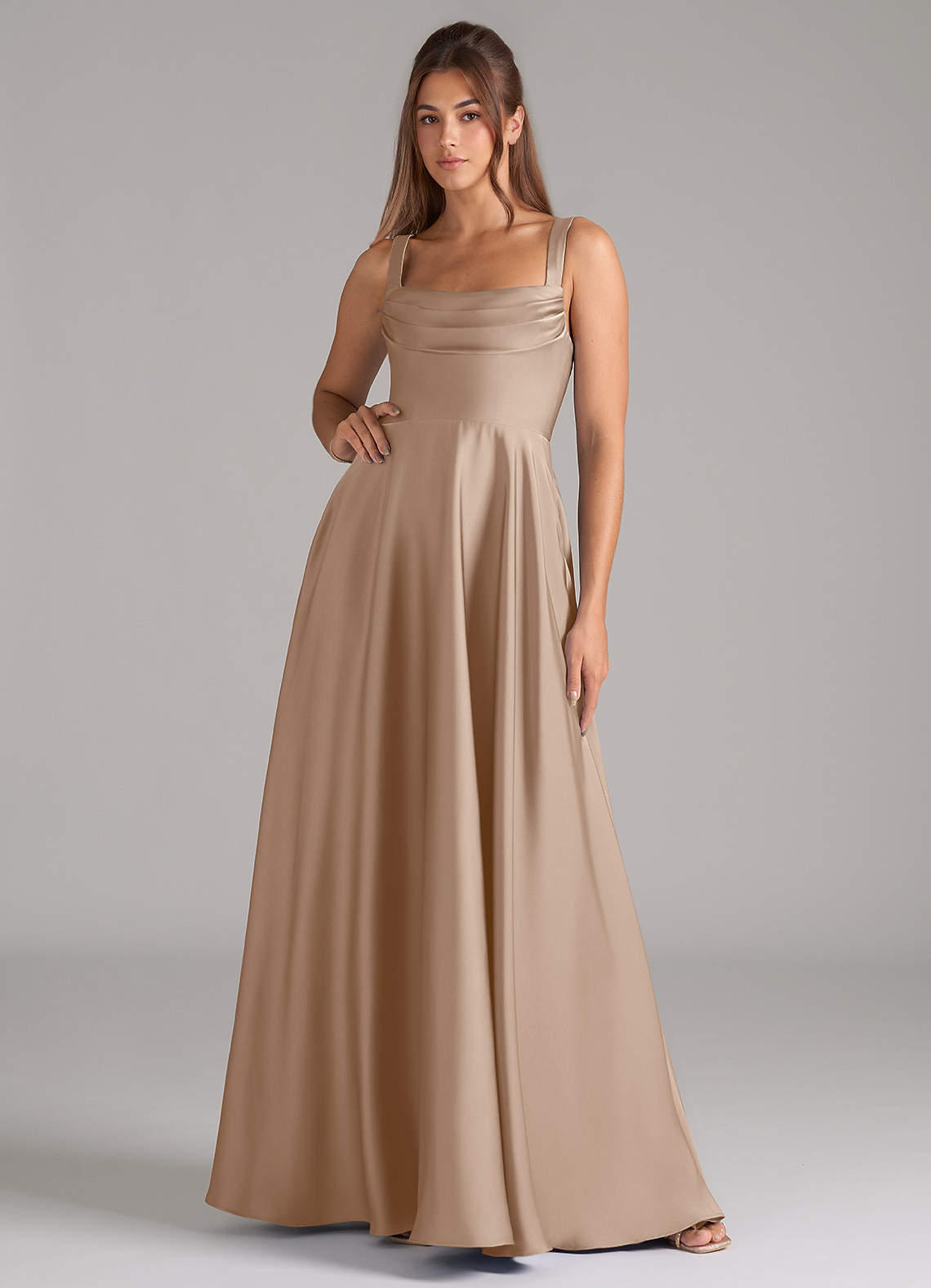 Azazie Shaude Bridesmaid Dresses Taupe A-Line Pleated Stretch Satin Dress image1