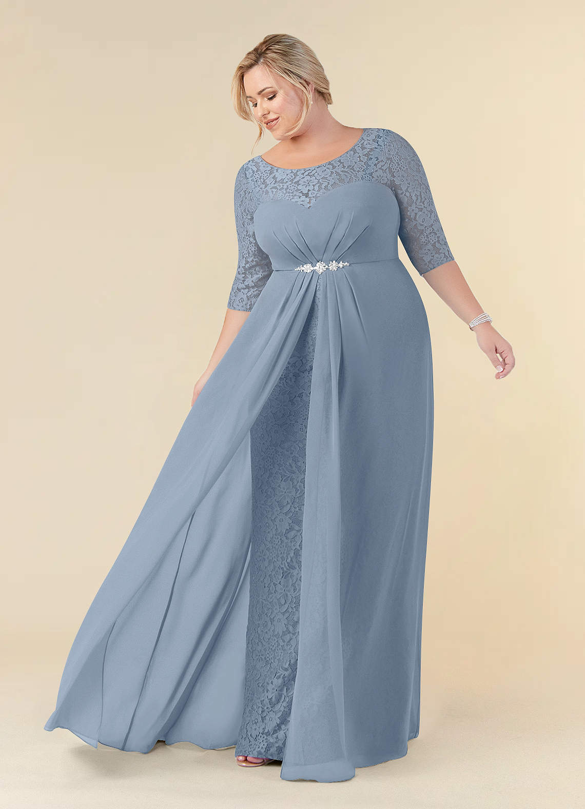 Azazie Leonine Final Sale Dusty Blue A-Line Scoop lace Chiffon Dress image1