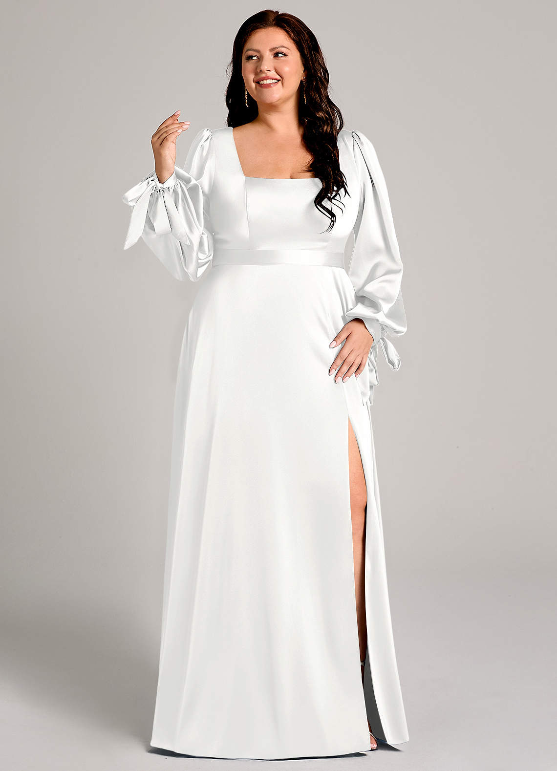 Azazie Leonia Abiti da Damigella Abito A-Line in Raso Elasticizzato Manica Lunga Bianco image9