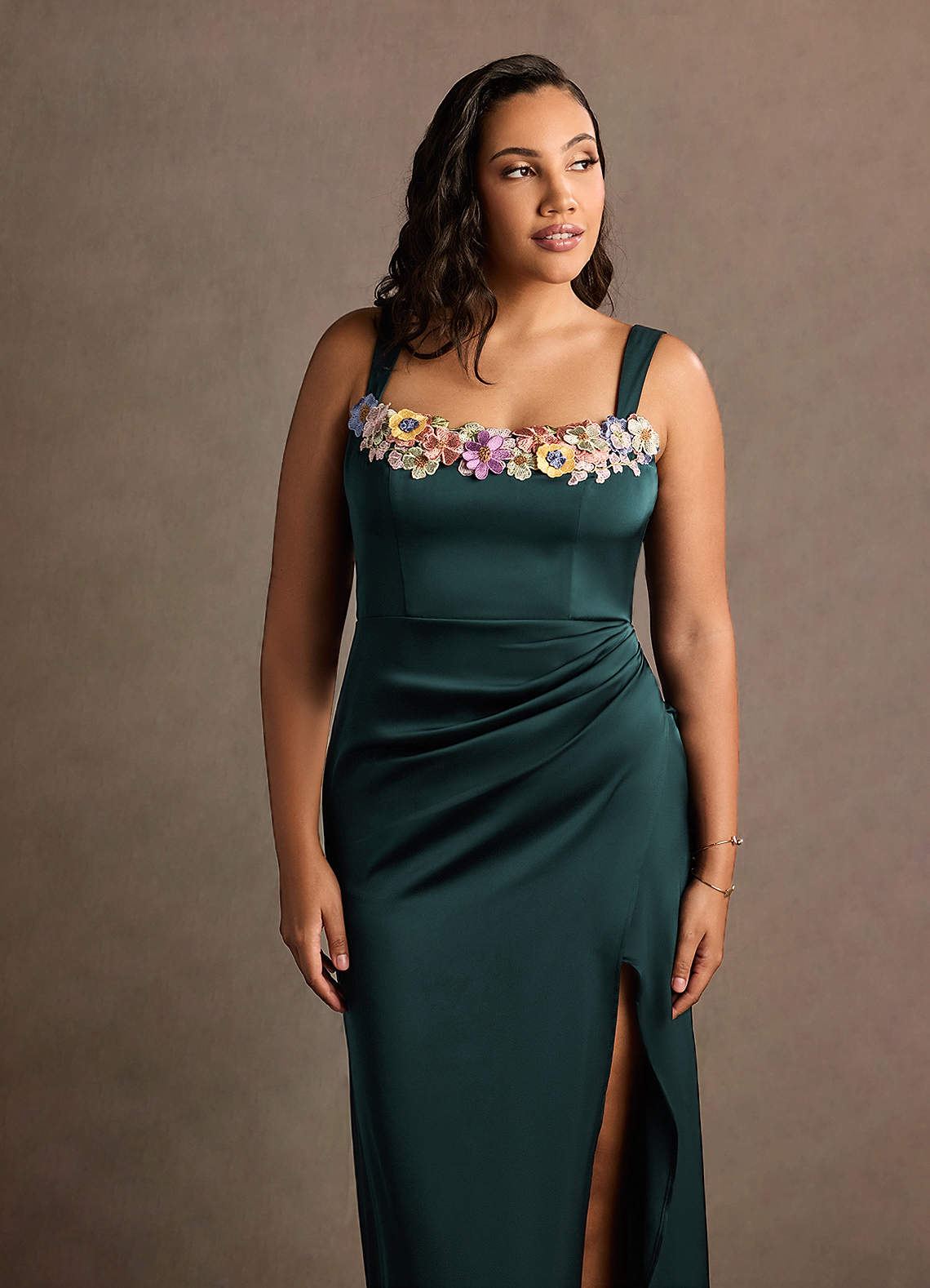 Vivianna Forest Green Floral Neckline Maxi Dress | Azazie