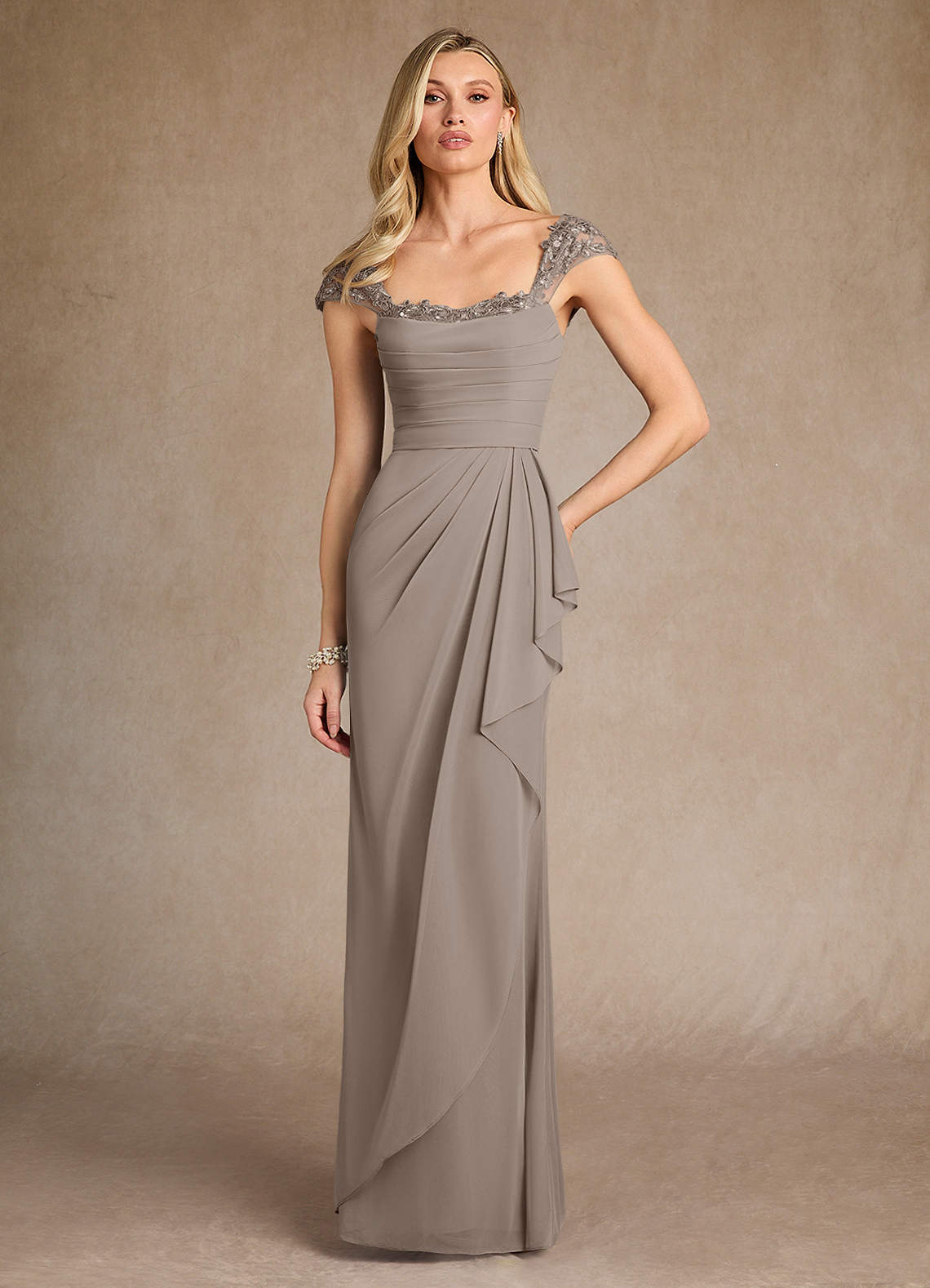 Azazie Belfast Mother of the Bride Dresses Taupe Sheath Lace Mesh Dress image1