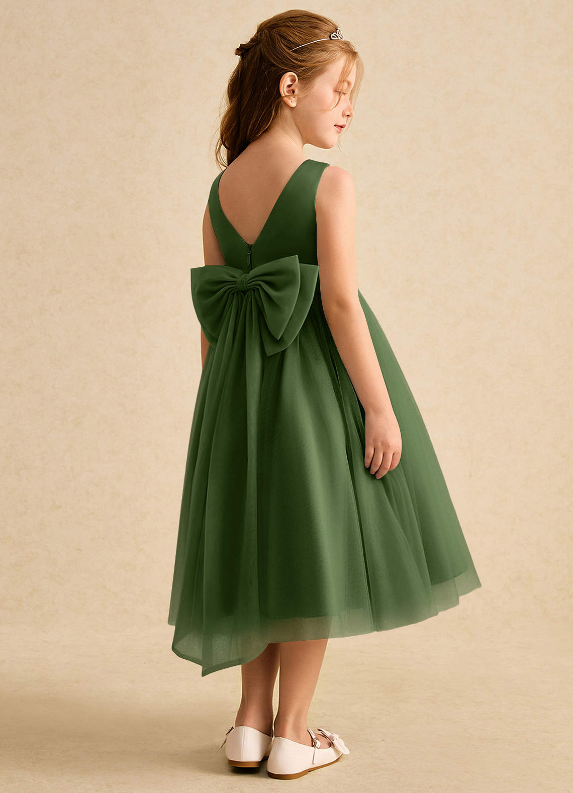Azazie Winnie Robe Demoiselle D'honneur Fillette Robe Princesse en Tulle Arc Olive image2