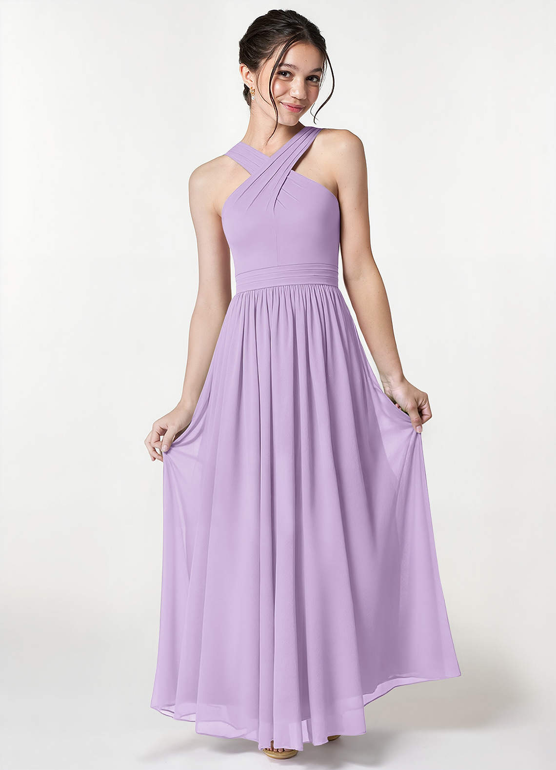 Azazie Jiya Junior Lilac A-Line Pleated Mesh Dress image1