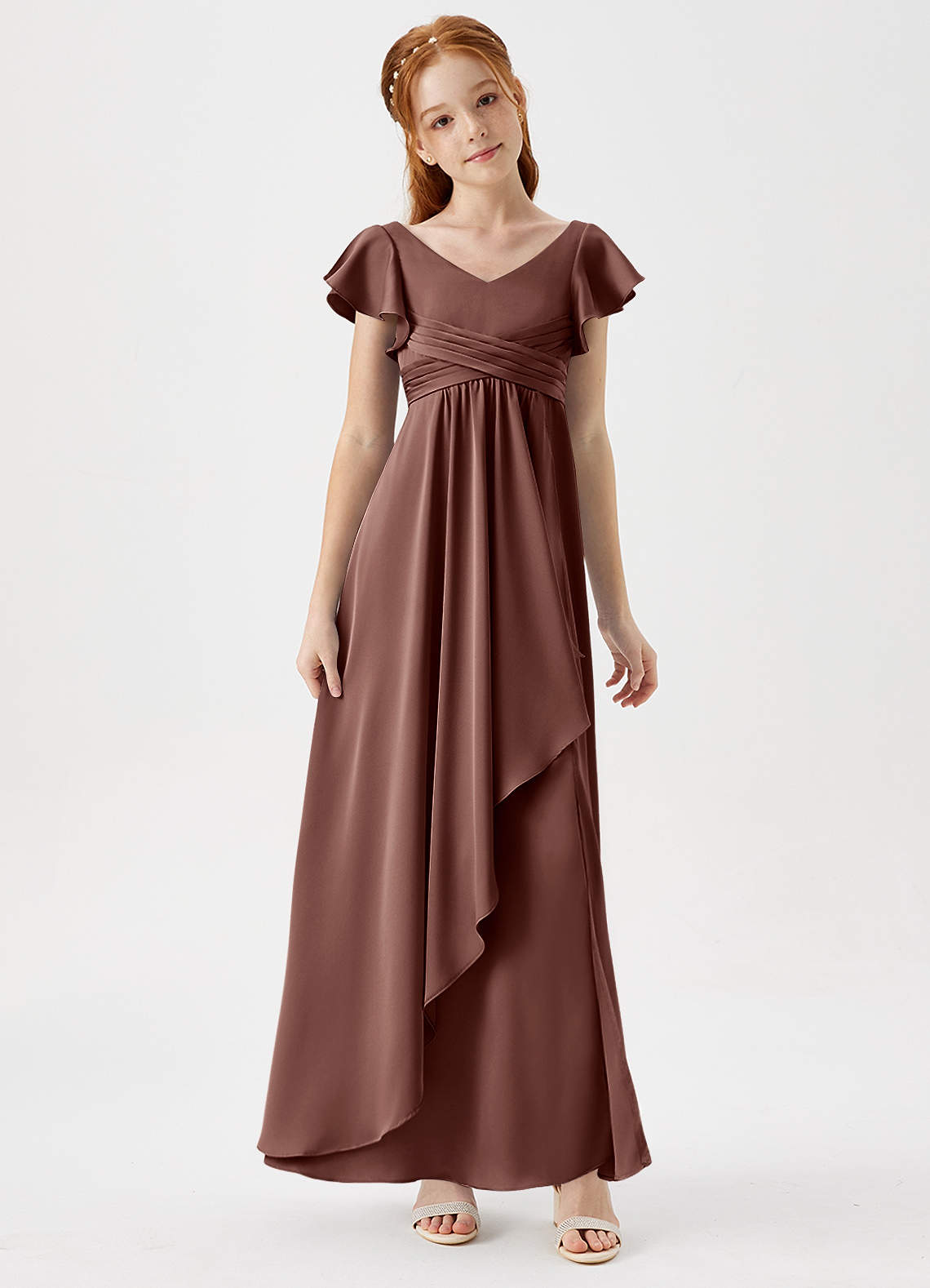 Azazie Omari Junior Espresso A-Line Pleated Stretch Satin Dress image1
