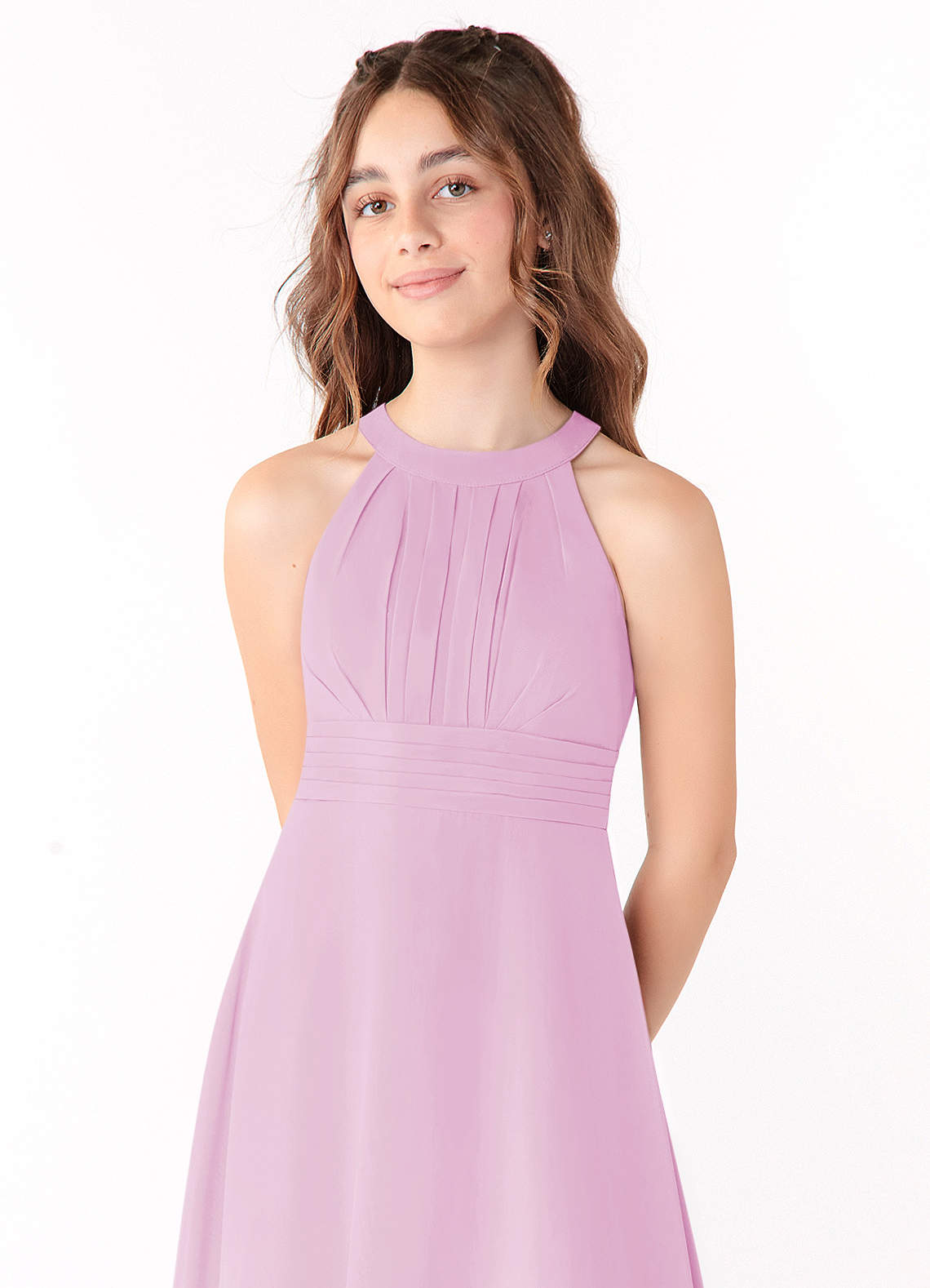 Azazie Linna Junior Vestido de Rosa Caramelo de Gasa de Corte En A con Plisado image3