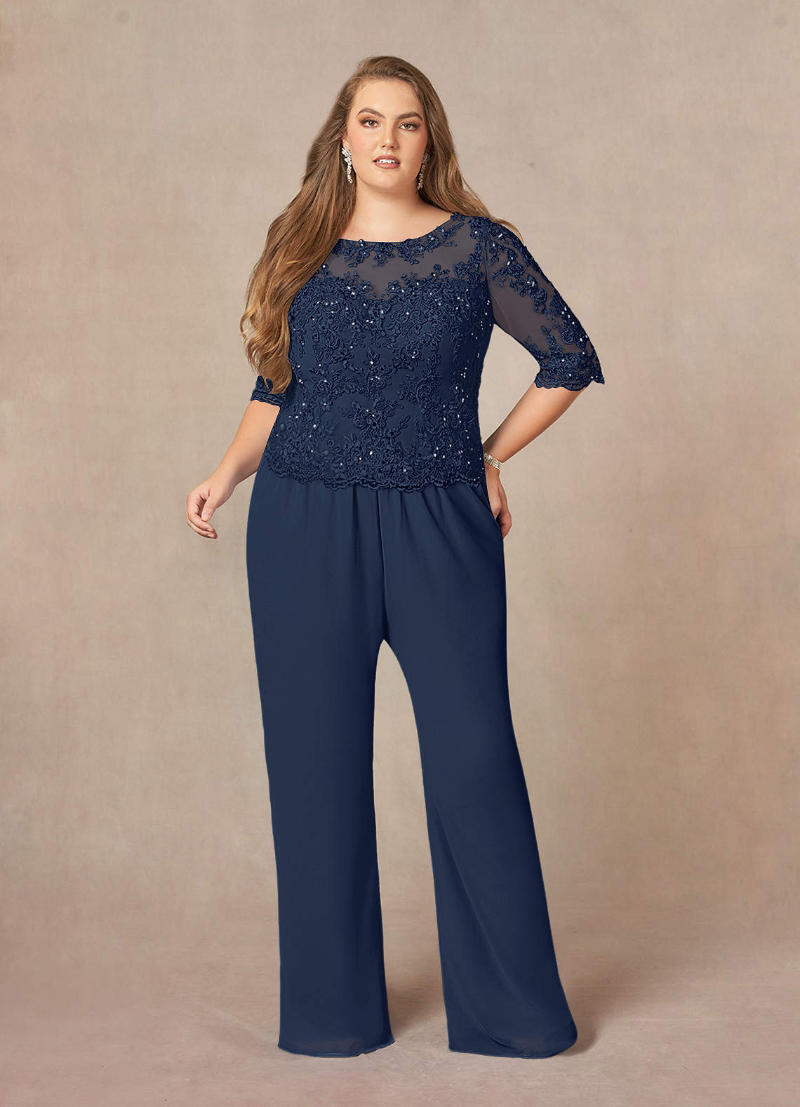 Azazie Florida Abiti per la Madre della Sposa Abito Tuta Pantaloni in Chiffon Lustrini Marino Scuro image16